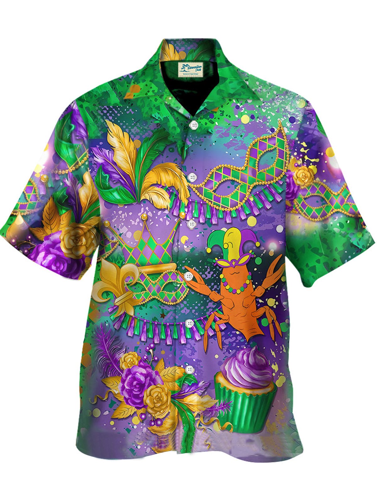 Royaura® Mardi Gras Mask Lobster 3D Digital Print Men's Button Pocket Short Sleeve Shirt Big & Tall