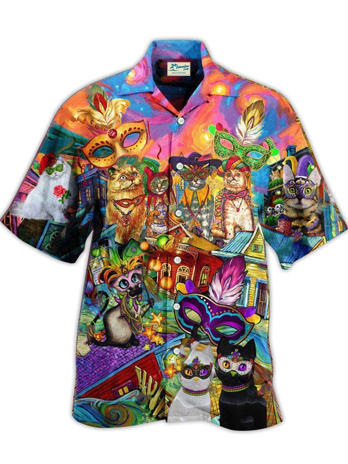 Royaura® Mardi Gras Cat Mask 3D Digital Print Men's Button Pocket Short Sleeve Shirt Big & Tall