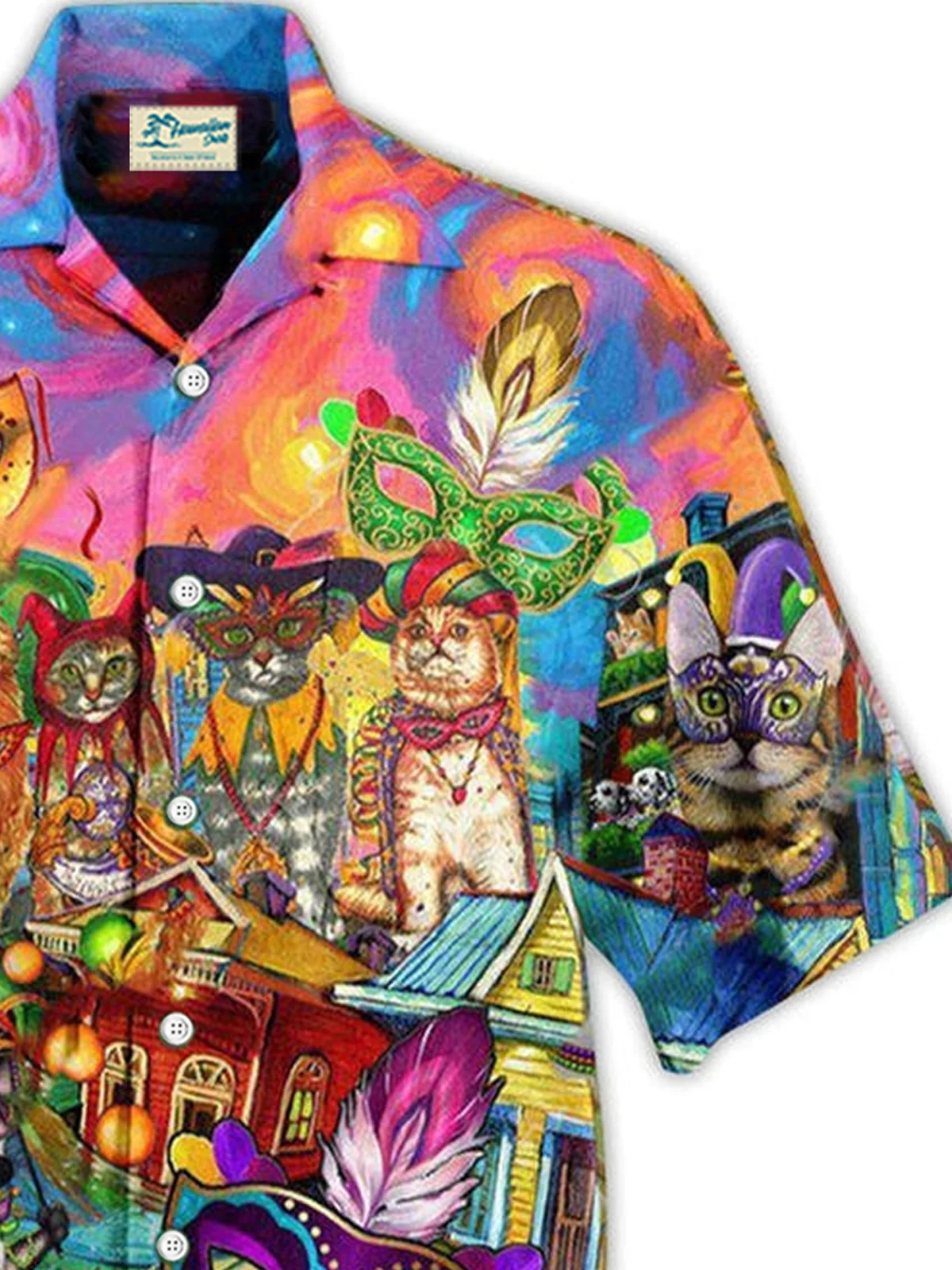 Royaura® Mardi Gras Cat Mask 3D Digital Print Men's Button Pocket Short Sleeve Shirt Big & Tall