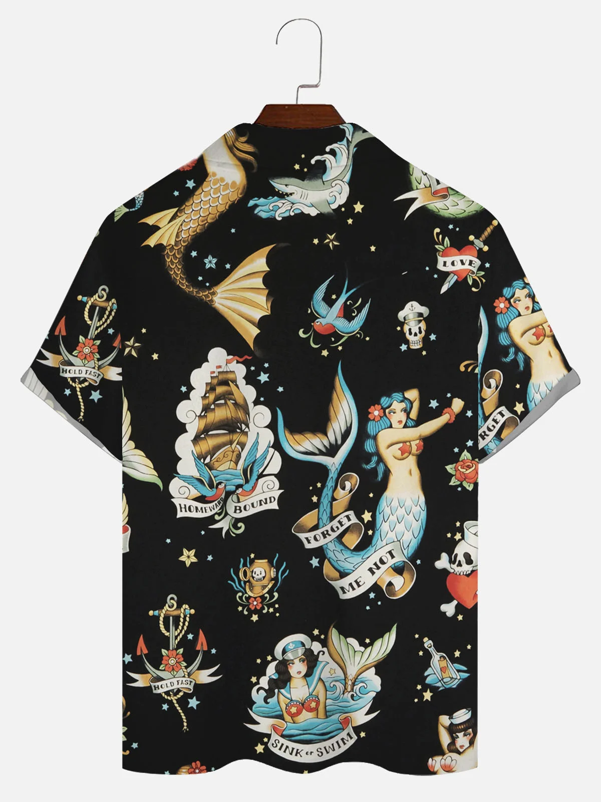 Royaura® Hawaiian Nautical Mermaid 3D Digital Print Men's Button Pocket Short Sleeve Shirt Big & Tall