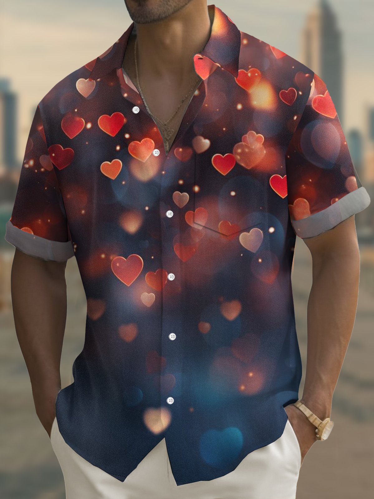 Royaura® Valentine's Day Heart Gradient 3D Digital Printing Men's Button Pocket Short Sleeve Shirt Big & Tall