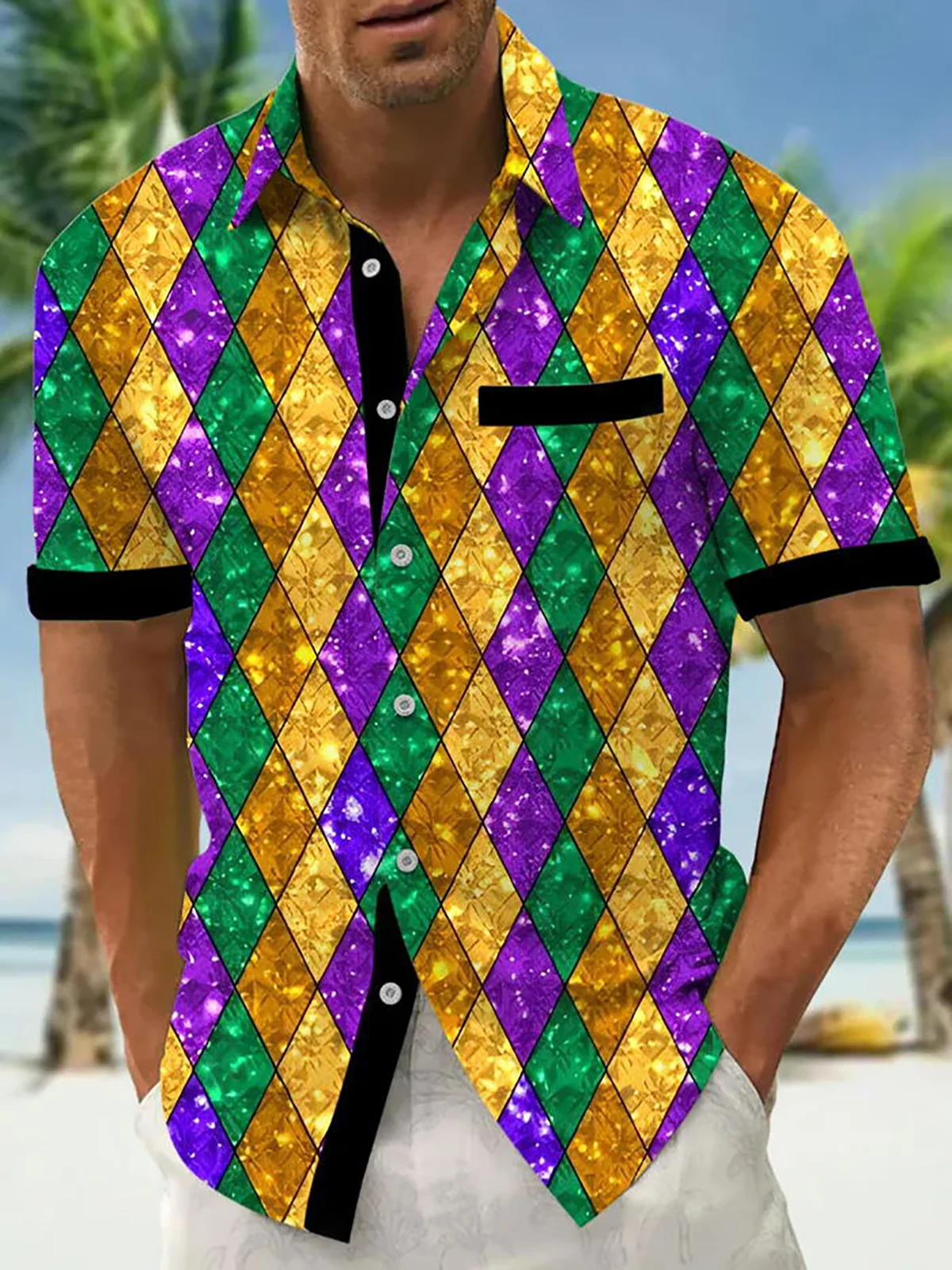 Royaura® Mardi Gras Geometric Print Men's Chest Pocket Stretch Hawaiian Shirt Big Tall