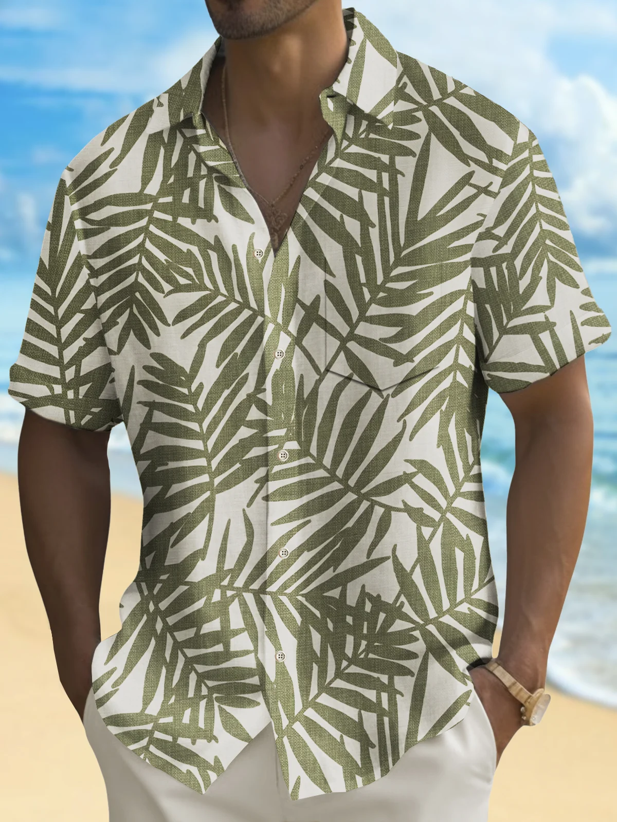 Royaura® Beach Vacation Men's Hawaiian Shirt Plant Palm Leaf Print Pocket Camping Shirt Big Tall