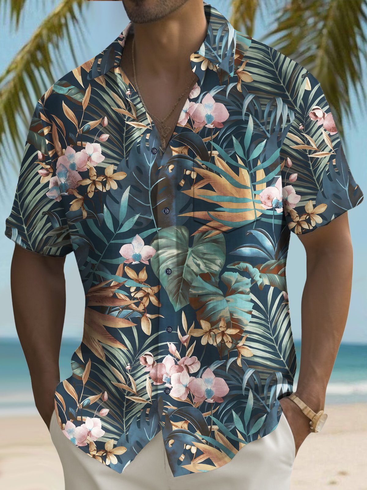 Royaura® Beach Vacation Men's Hawaiian Shirt Botanical Flower Print Pocket Camping Shirt Big Tall