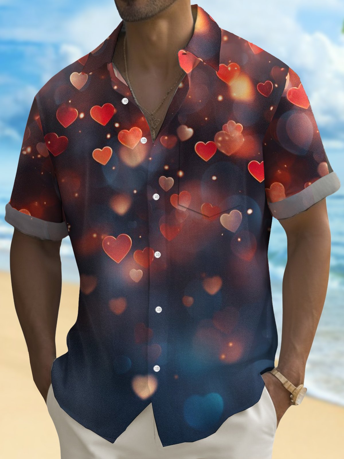 Royaura® Valentine's Day Heart Gradient 3D Digital Printing Men's Button Pocket Short Sleeve Shirt Big & Tall