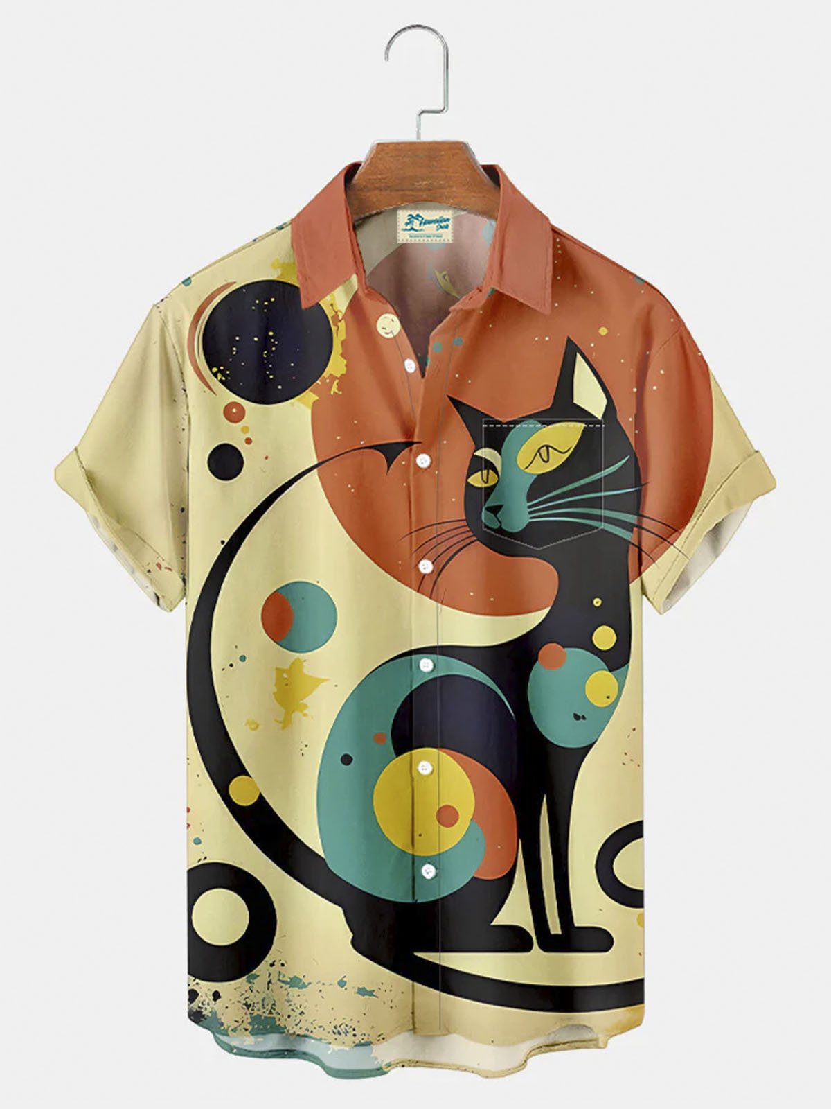 Royaura® Irregular Geometric Cat Button Pocket Short Sleeve Shirt Big & Tall