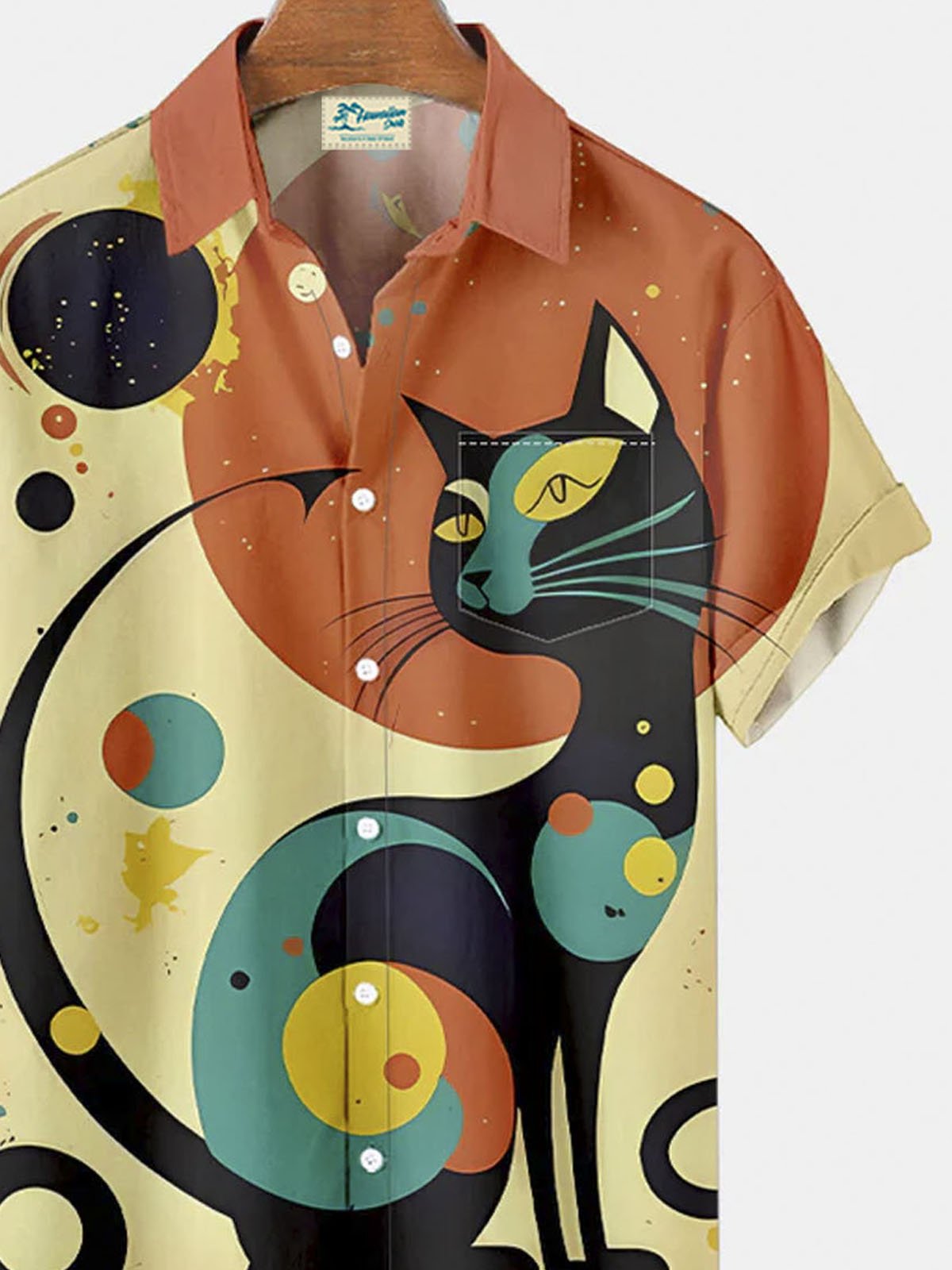 Royaura® Irregular Geometric Cat Button Pocket Short Sleeve Shirt Big & Tall