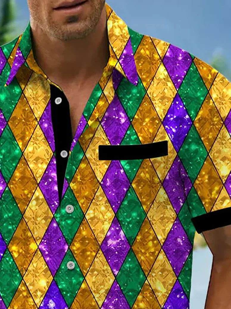 Royaura® Mardi Gras Geometric Print Men's Chest Pocket Stretch Hawaiian Shirt Big Tall