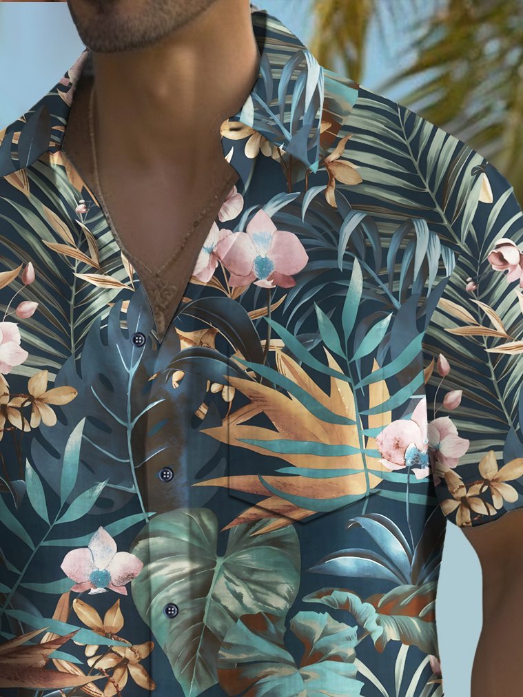 Royaura® Beach Vacation Men's Hawaiian Shirt Botanical Flower Print Pocket Camping Shirt Big Tall