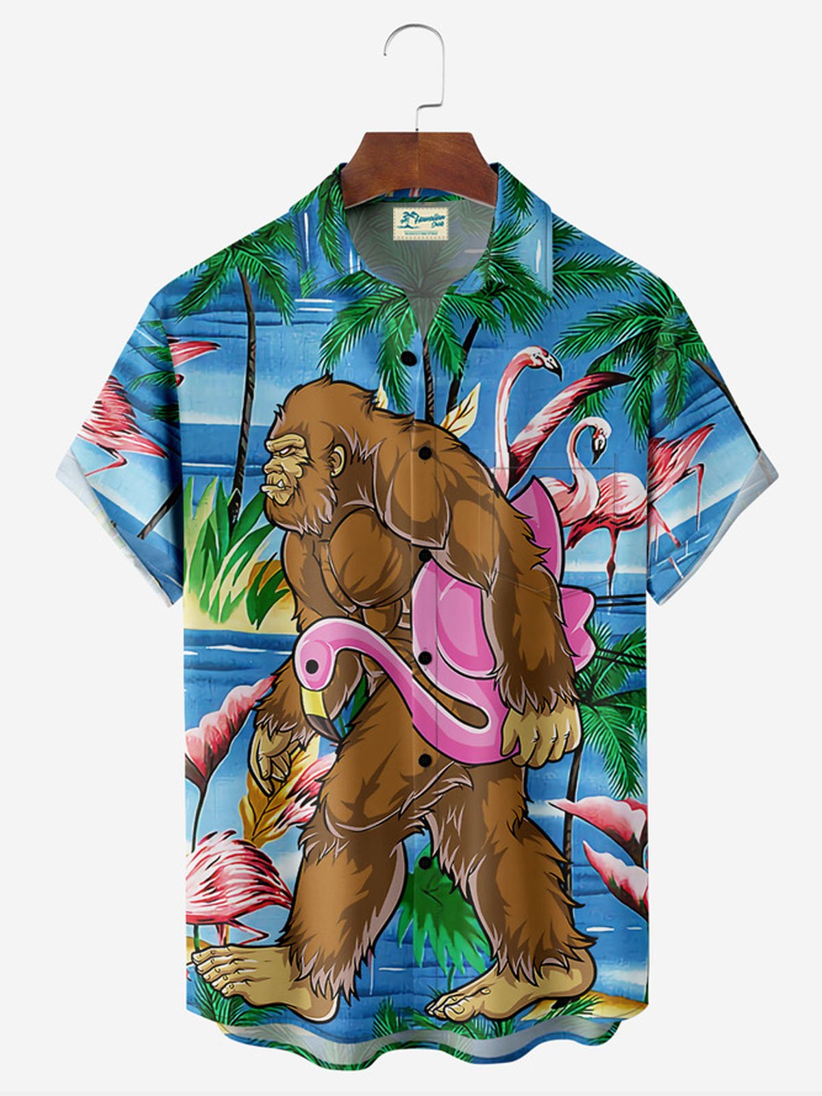 Royaura® Hawaiian Bigfoot Holding Flamingo Pocket Short Sleeve Shirt Big & Tall