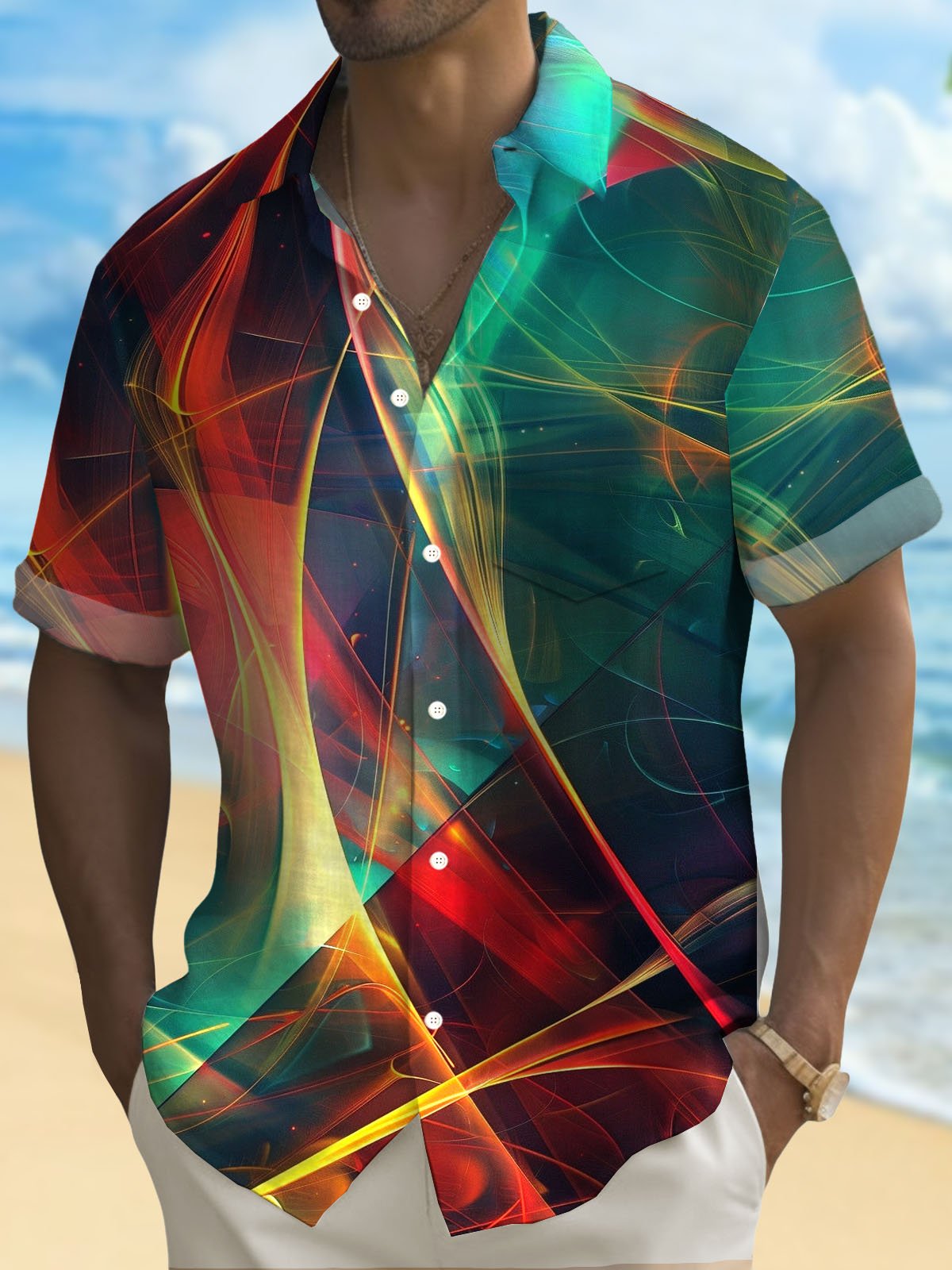 Royaura® Retro Gradient Art Abstract Print Men's Button Pocket Short Sleeve Shirt Big & Tall