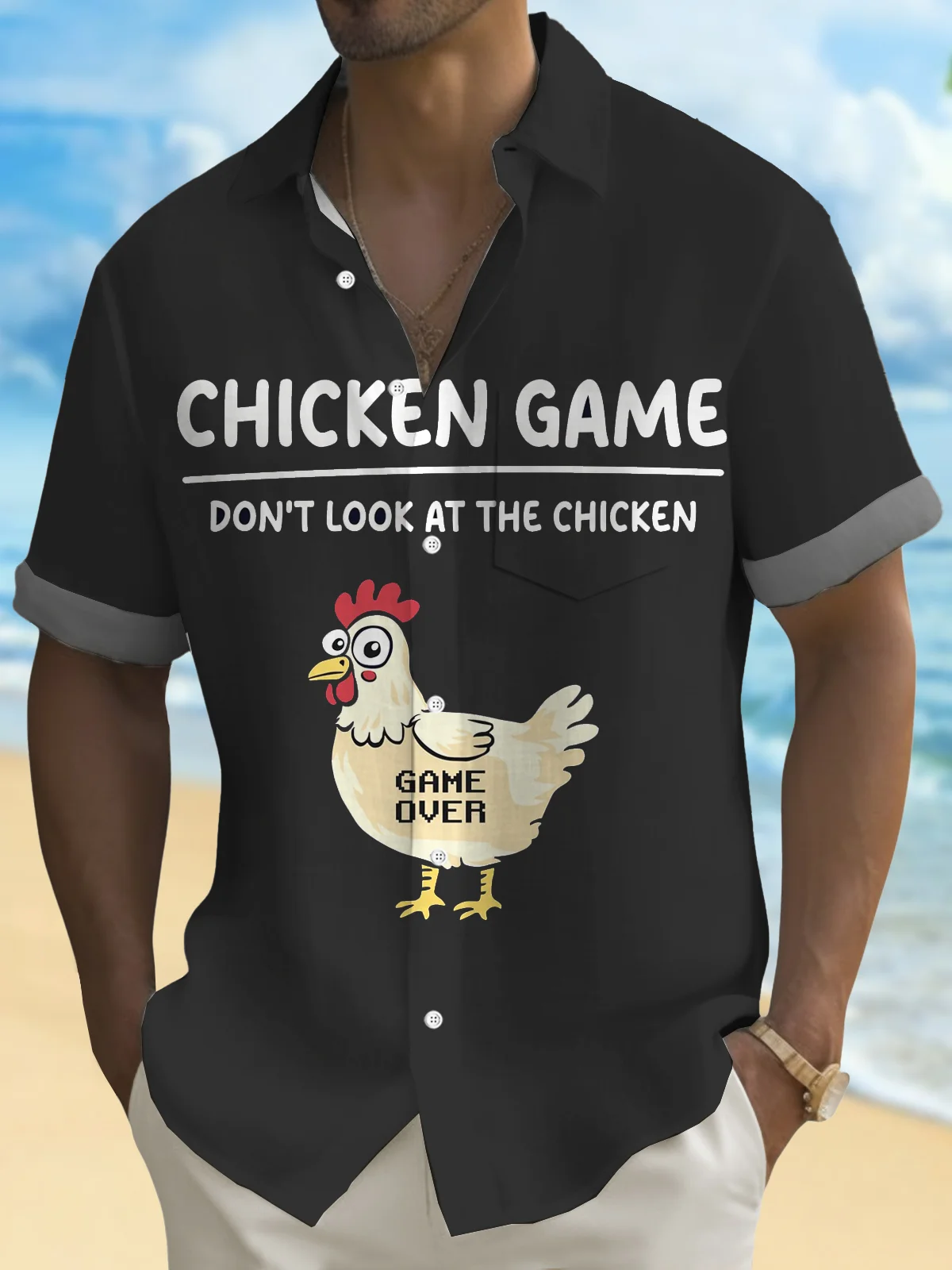 Royaura® Retro Fun Rooster Alphabet Game 3D Digital Printing Men's Button Pocket Short Sleeve Shirt Big & Tall