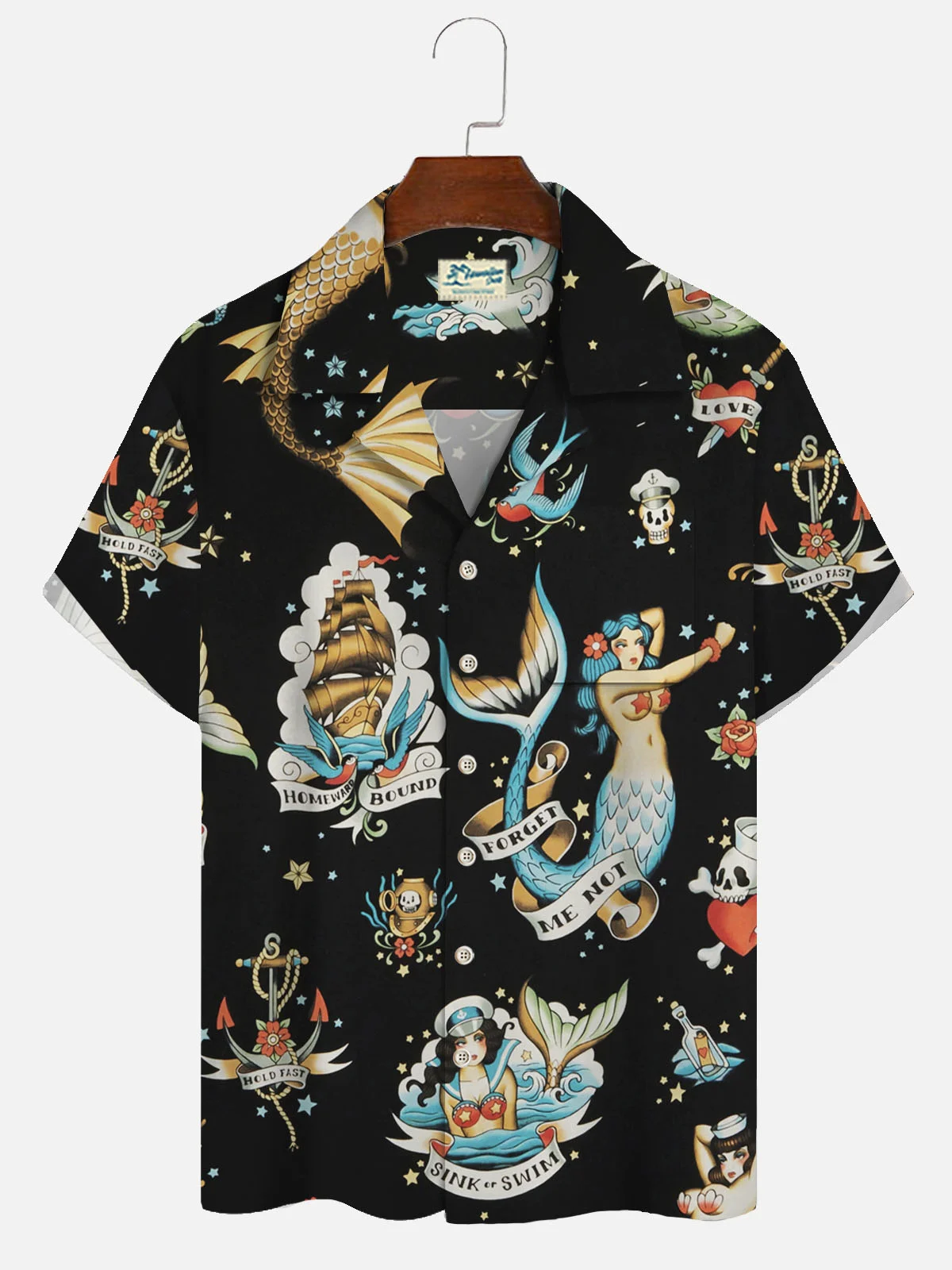 Royaura® Hawaiian Nautical Mermaid 3D Digital Print Men's Button Pocket Short Sleeve Shirt Big & Tall