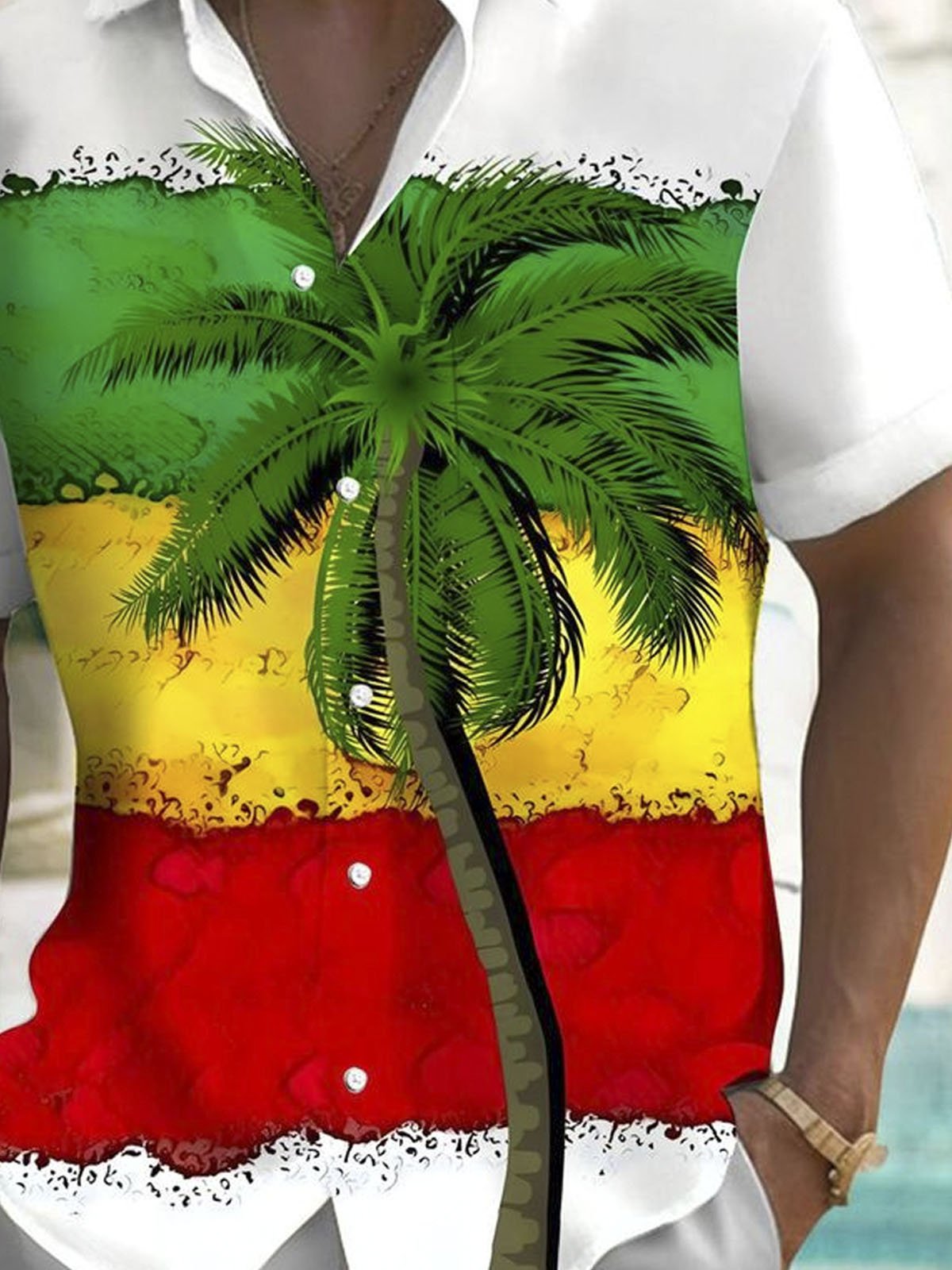 Royaura® Hawaiian colors green, yellow and red palm leaf button pocket short sleeve shirt Big & Tall