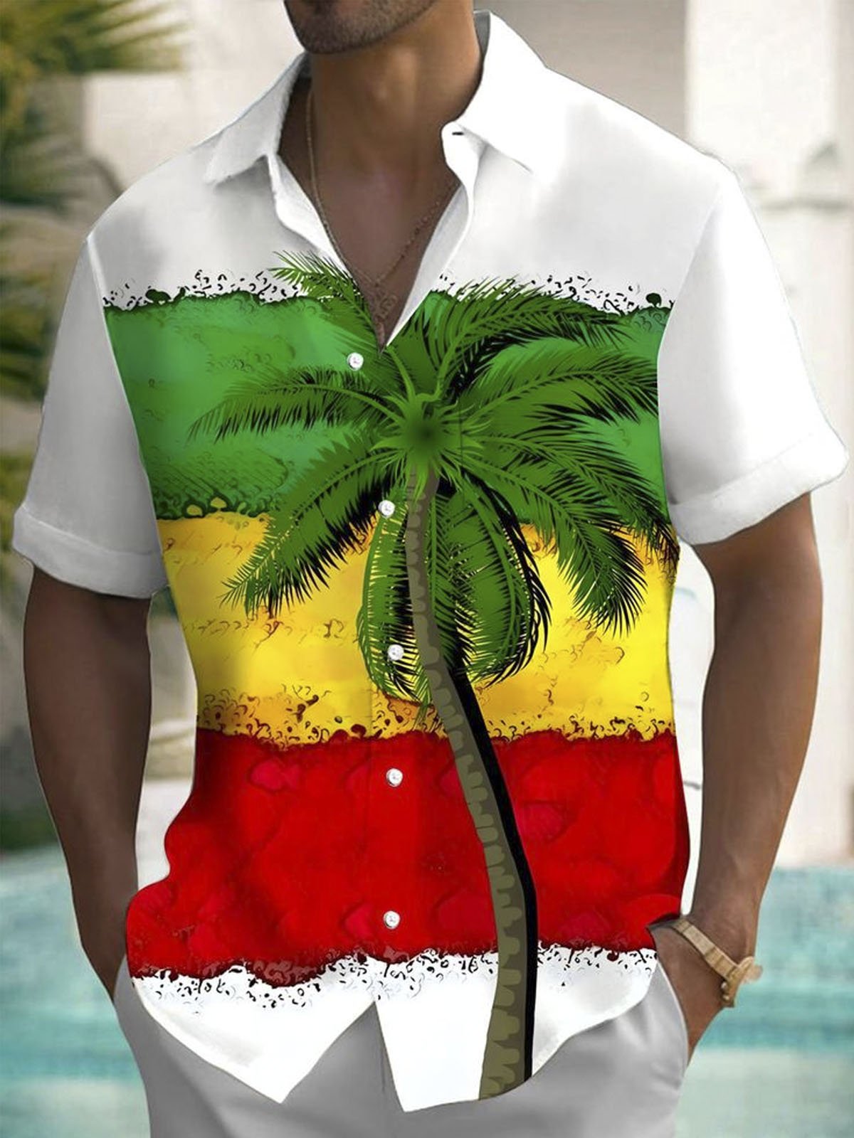 Royaura® Hawaiian colors green, yellow and red palm leaf button pocket short sleeve shirt Big & Tall