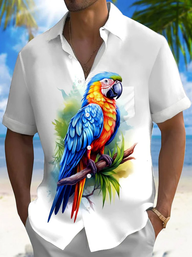 Royaura® Hawaiian Parrot 3D Digital Print Men's Button Pocket Short Sleeve Shirt Big & Tall