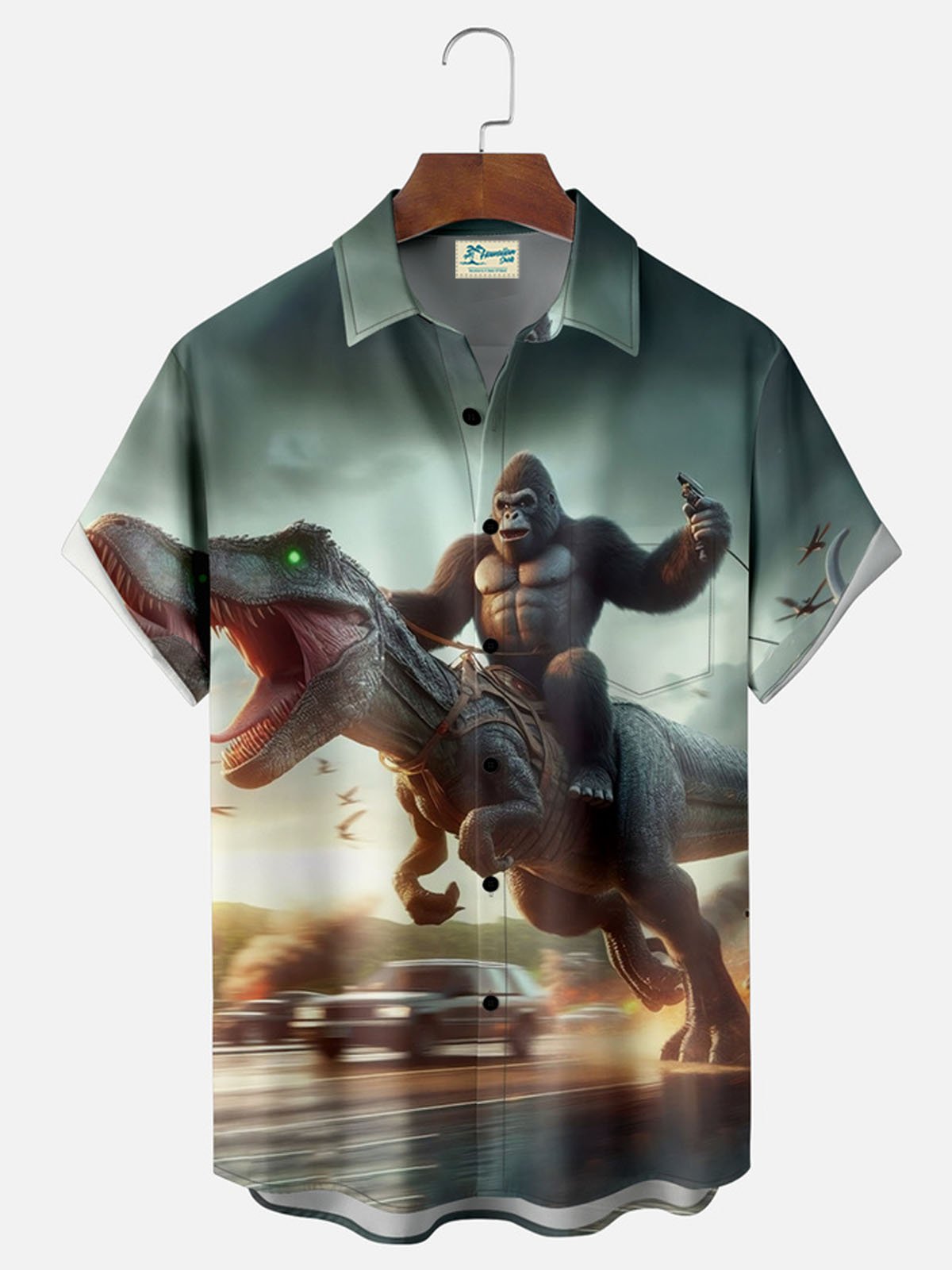 Royaura® Bigfoot Rides a Dinosaur and Fights the Planet Button Pocket Short Sleeve Shirt Big & Tall