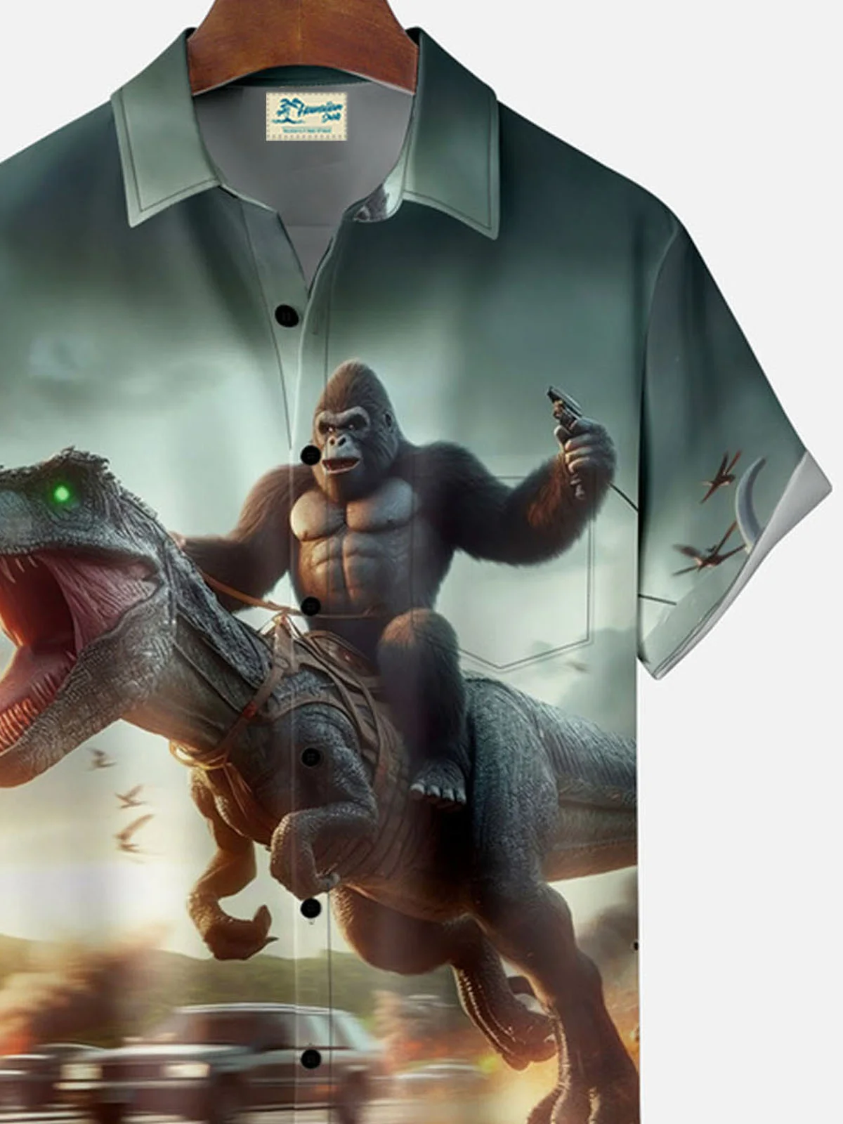 Royaura® Bigfoot Rides a Dinosaur and Fights the Planet Button Pocket Short Sleeve Shirt Big & Tall