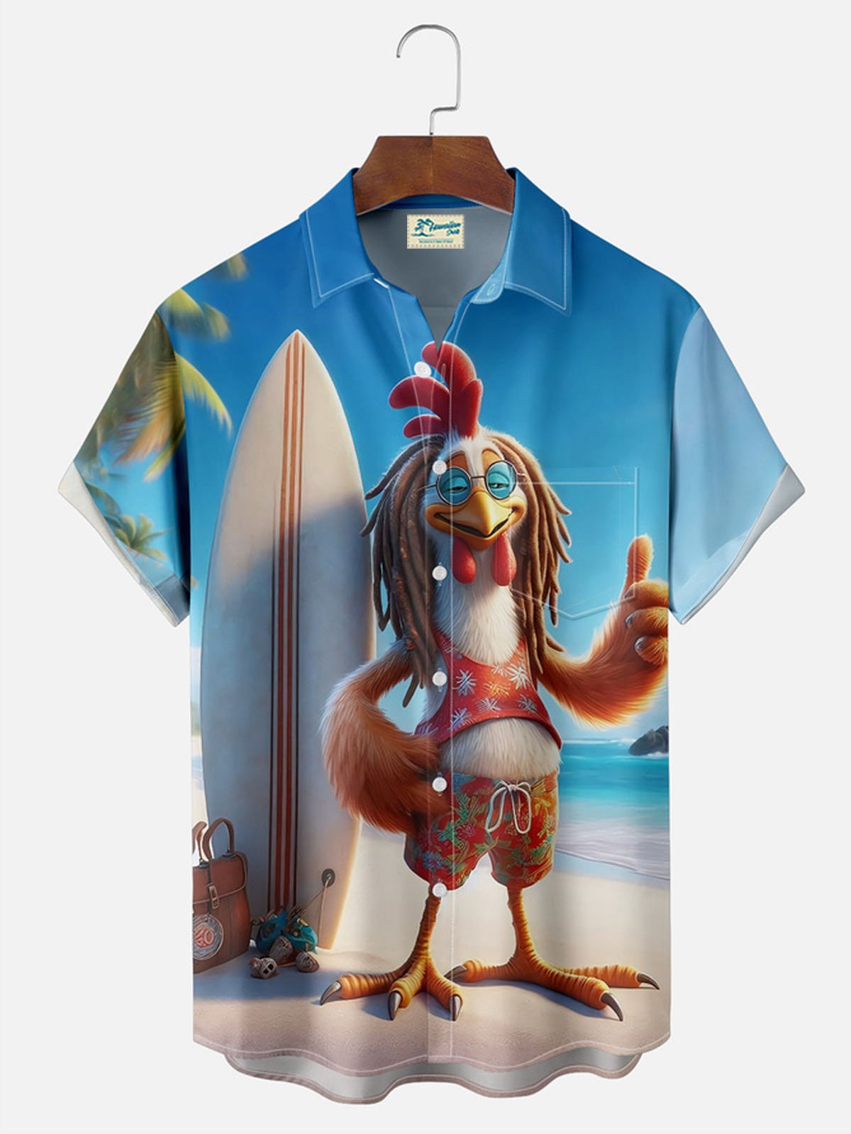 Royaura® Hawaiian Ocean Rooster Skateboard Button Pocket Short Sleeve Shirt Big & Tall