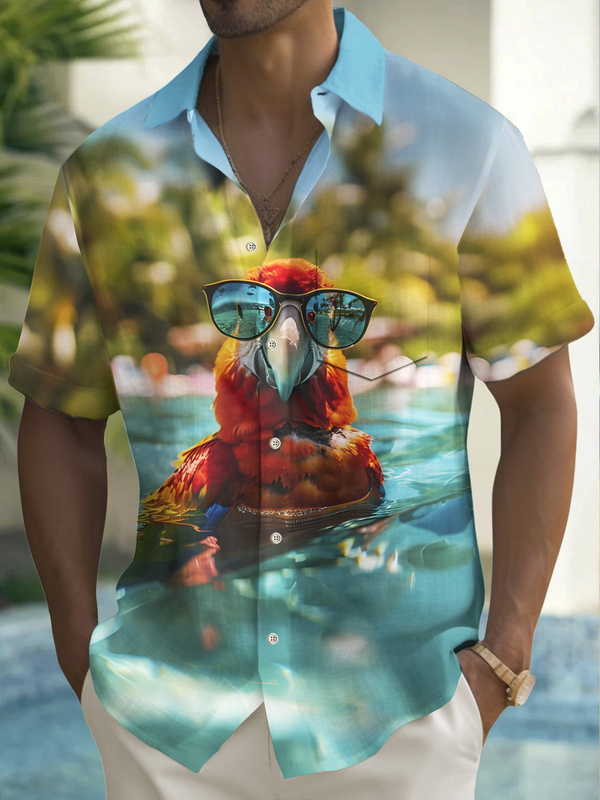 Royaura® Beach Vacation Men's Hawaiian Shirt Parrot Print Pocket Camping Shirt Big Tall