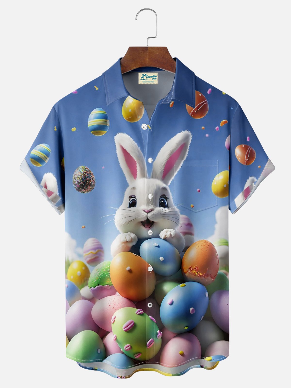 Royaura® Easter Bunny Egg 3D Digital Printed Men's Button Pocket Short Sleeve Shirt Big & Tall