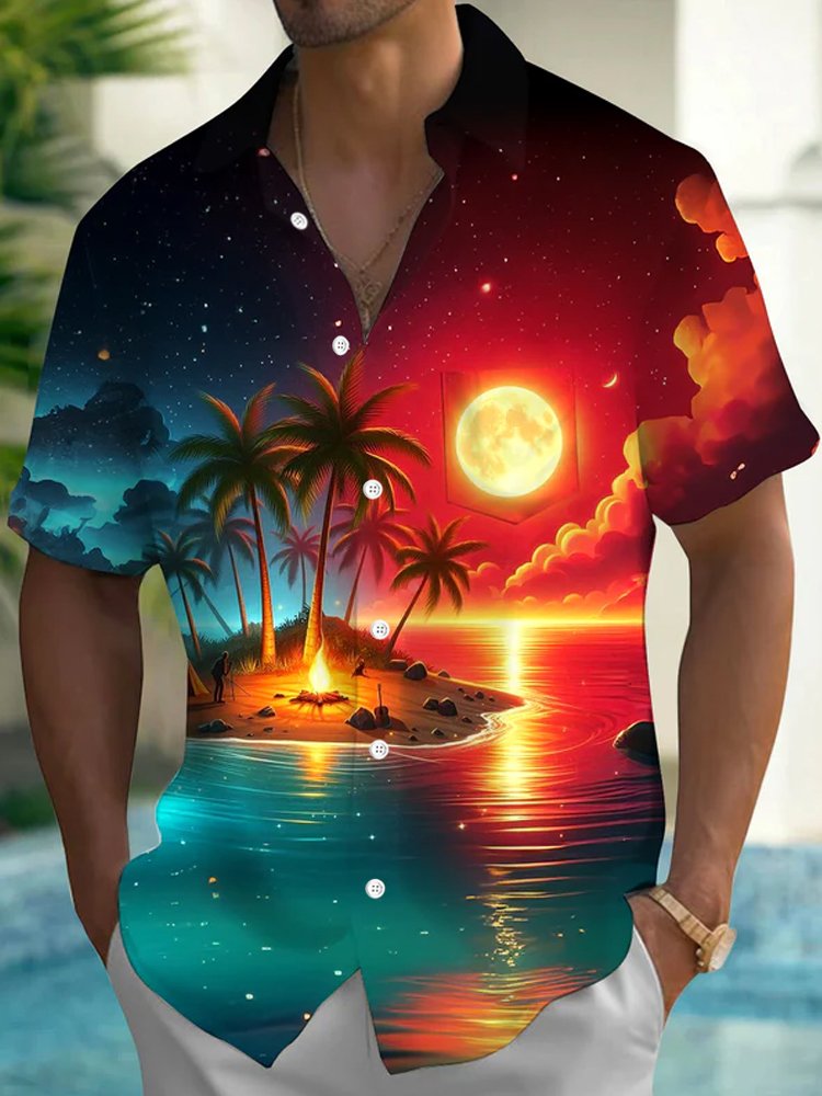 Royaura® Hawaiian Coconut Tree 3D Digital Printing Men's Button Pocket Short Sleeve Shirt Big & Tall