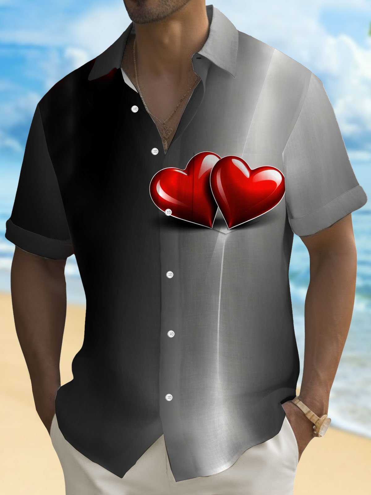 Royaura® Valentine's Day Heart Gradient 3D Digital Printing Men's Button Pocket Short Sleeve Shirt Big & Tall