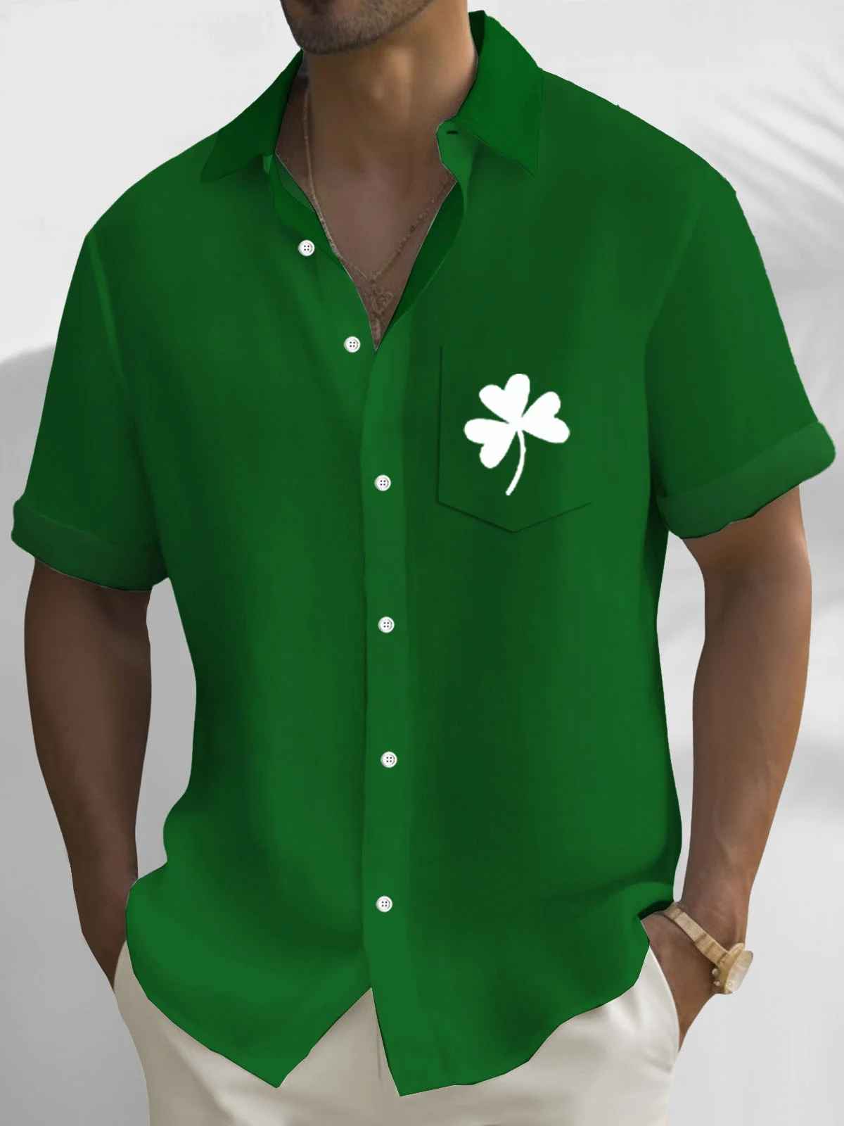 Royaura® St. Patrick's Day Shamrock 3D Digital Print Men's Button Pocket Short Sleeve Shirt Big & Tall