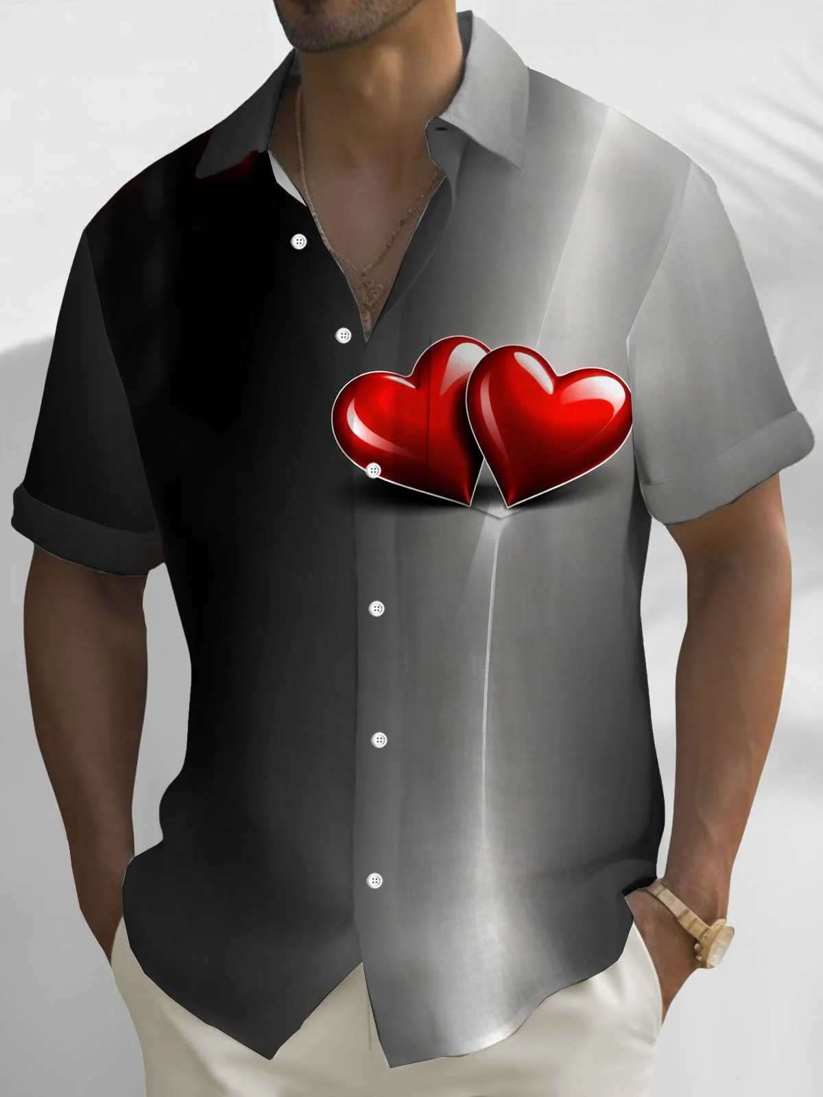 Royaura® Valentine's Day Heart Gradient 3D Digital Printing Men's Button Pocket Short Sleeve Shirt Big & Tall