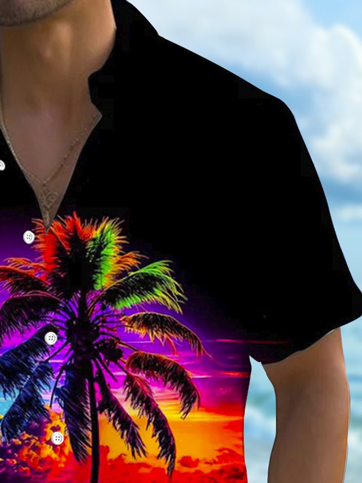 Royaura® Hawaiian Coconut Tree Sunset Landscape 3D Digital Printing Men's Button Pocket Short Sleeve Shirt Big & Tall