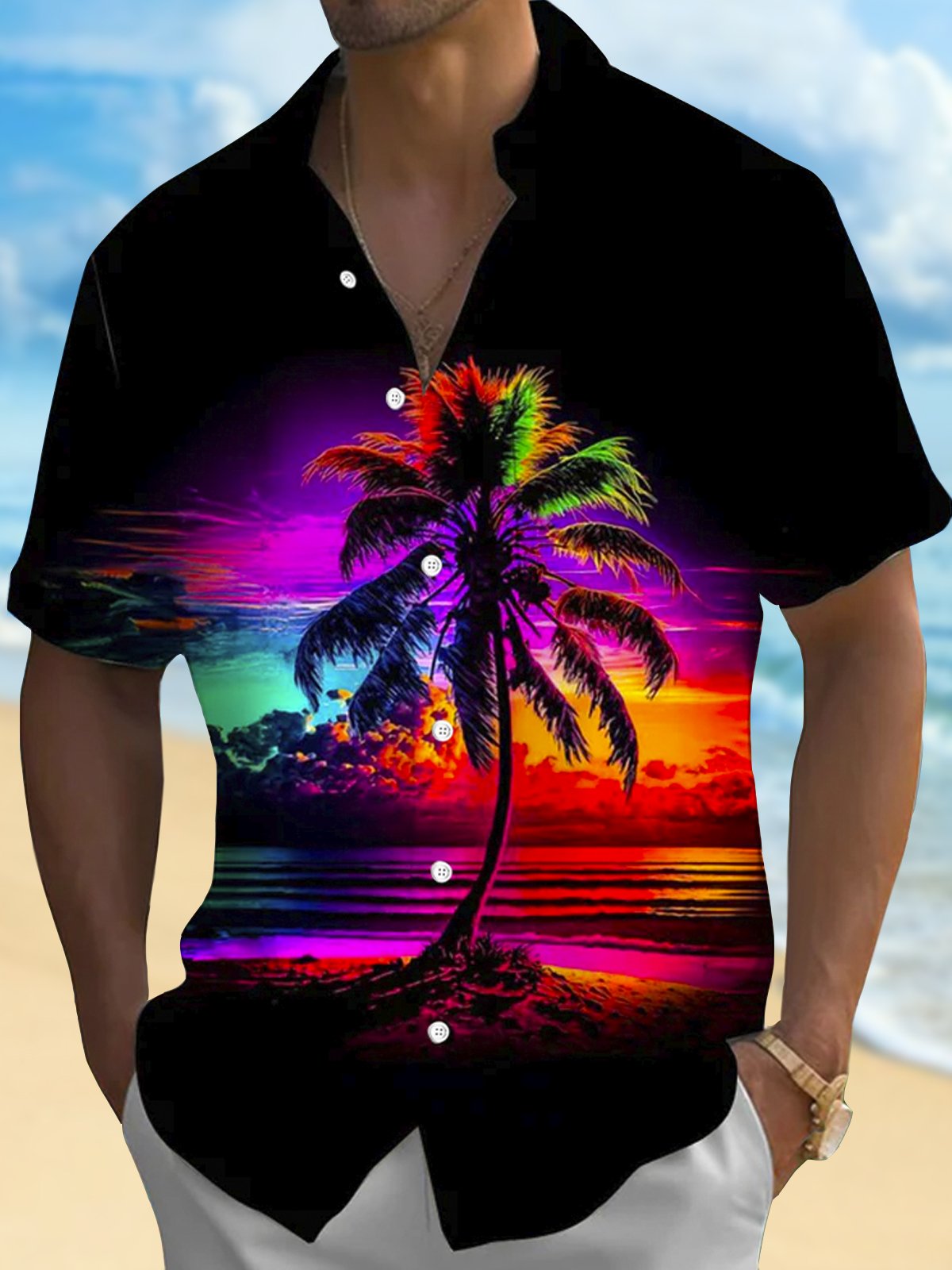 Royaura® Hawaiian Coconut Tree Sunset Landscape 3D Digital Printing Men's Button Pocket Short Sleeve Shirt Big & Tall