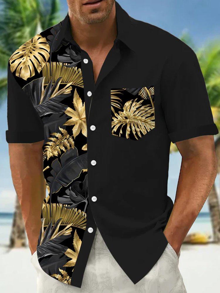 Royaura® Hawaiian Plant Gold Stamping Leaves 3D Digital Printing Men's Button Pocket Short Sleeve Shirt Big & Tall