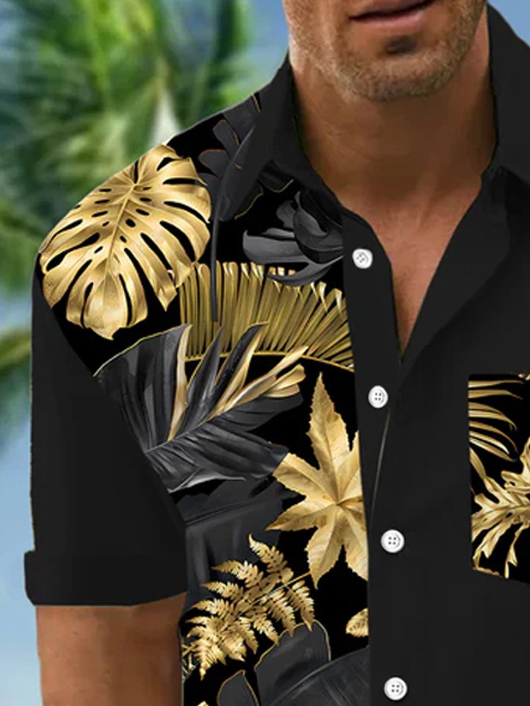 Royaura® Hawaiian Plant Gold Stamping Leaves 3D Digital Printing Men's Button Pocket Short Sleeve Shirt Big & Tall