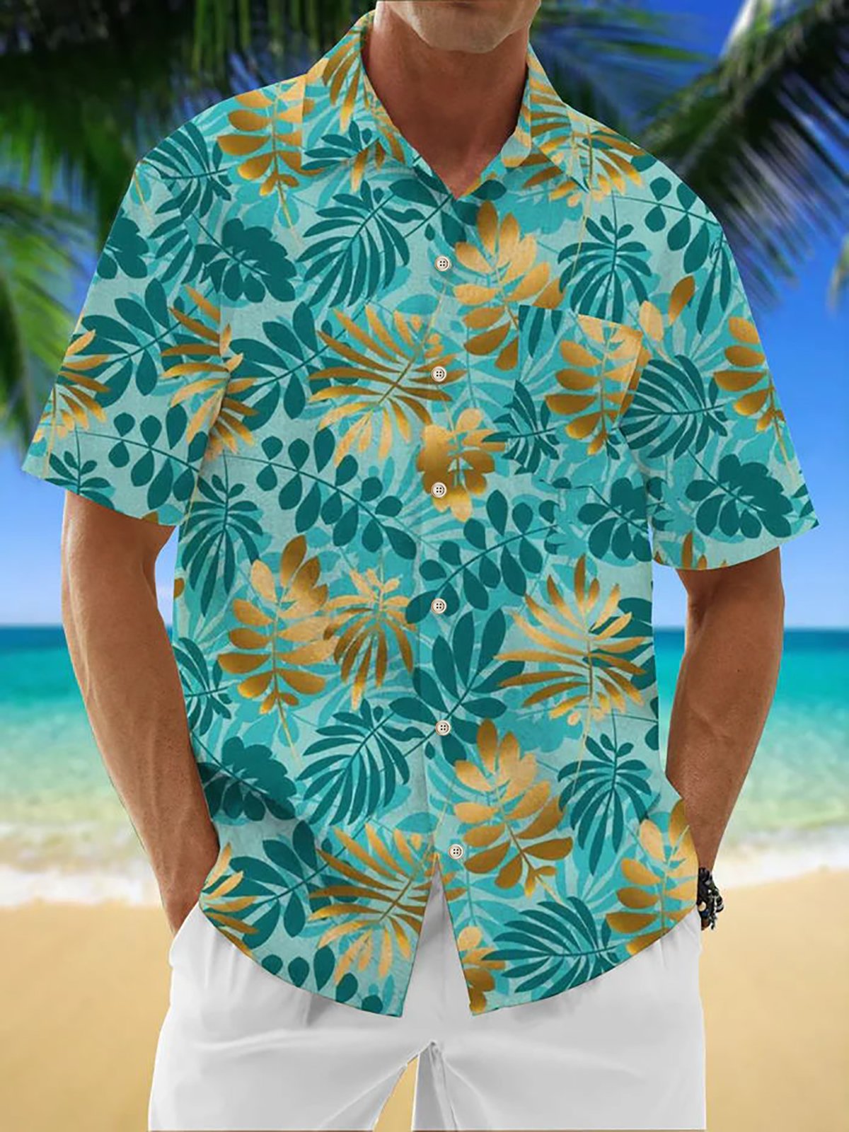 Royaura® Beach Vacation Men's Hawaiian Shirt Plant Leaf Print Pocket Camping Shirt Big Tall