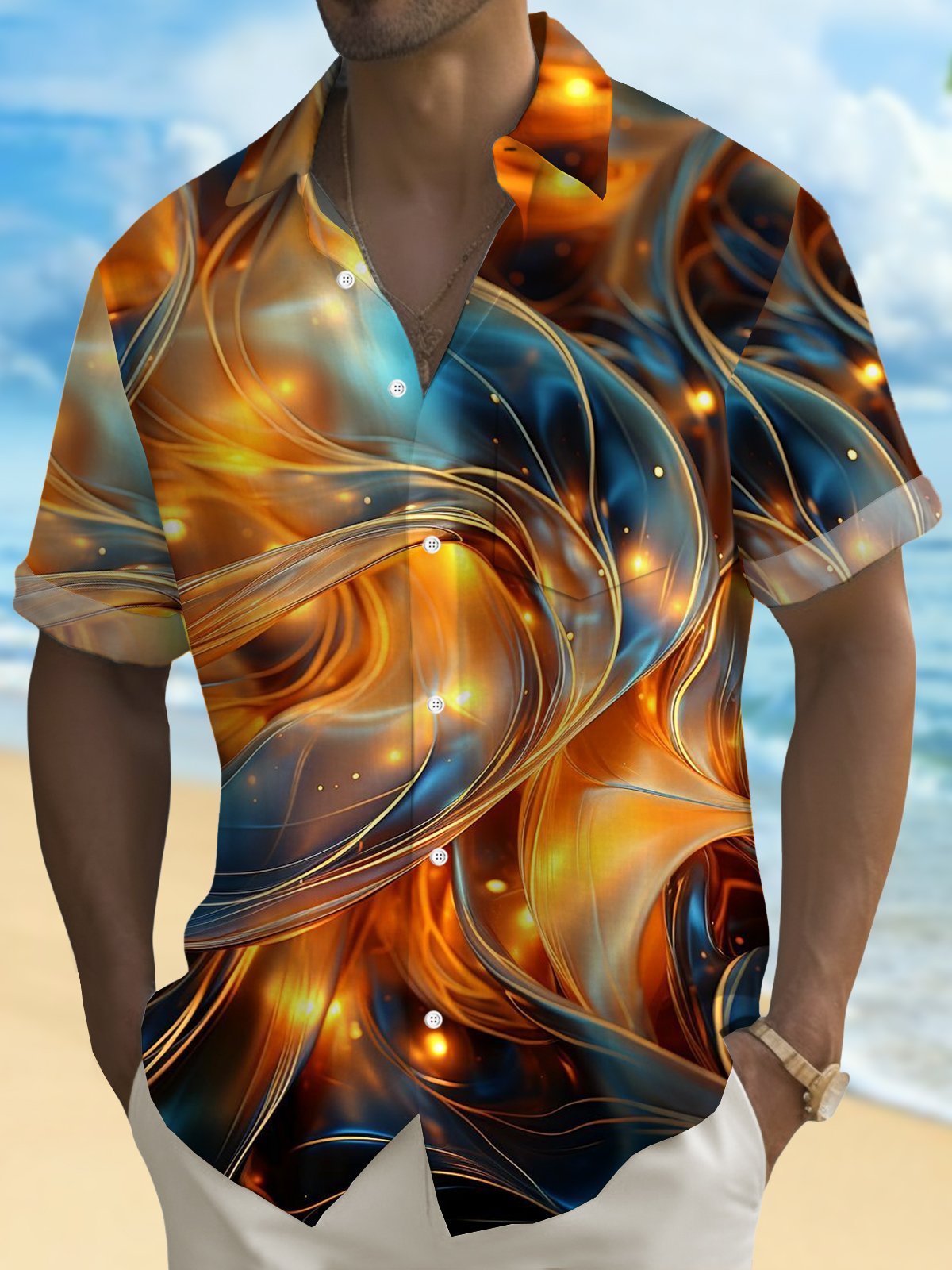 Royaura® Retro Gradient Art 3D Digital Printing Men's Button Pocket Short Sleeve Shirt Big & Tall