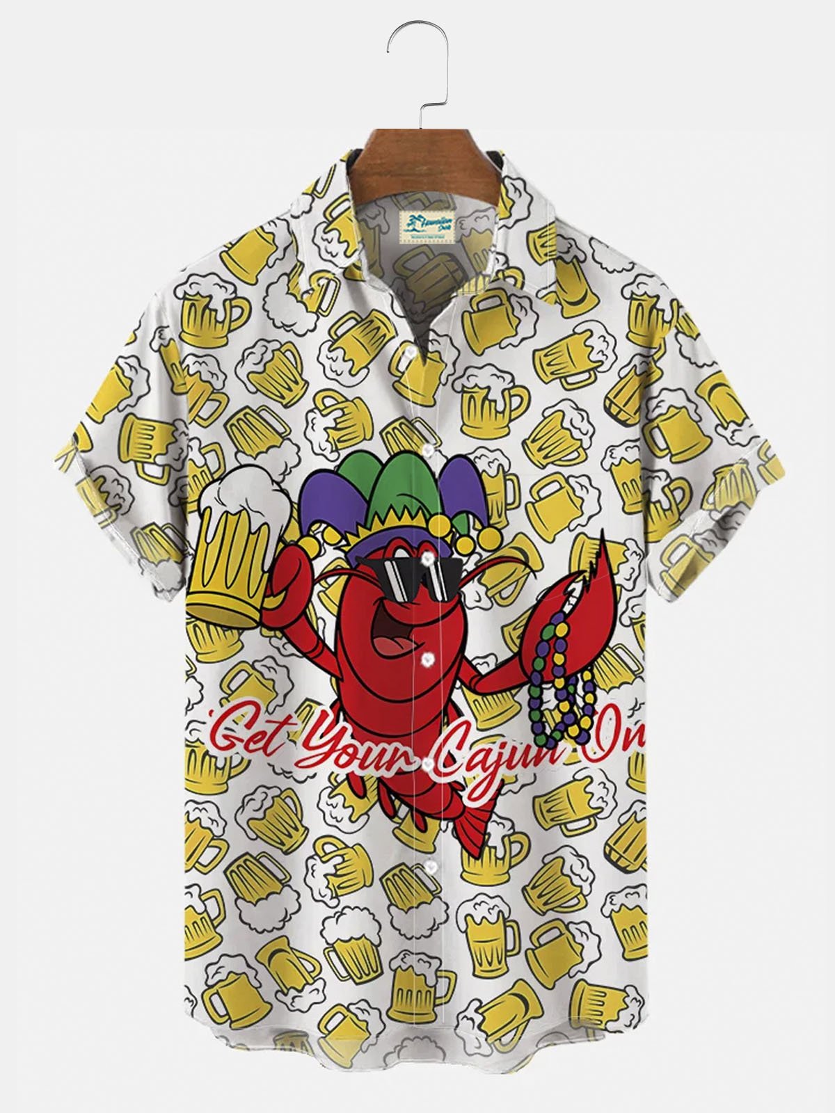 Royaura® Mardi Gras Lobster Drinking Beer Button Pocket Short Sleeve Shirt Big & Tall