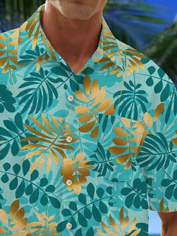 Royaura® Beach Vacation Men's Hawaiian Shirt Plant Leaf Print Pocket Camping Shirt Big Tall