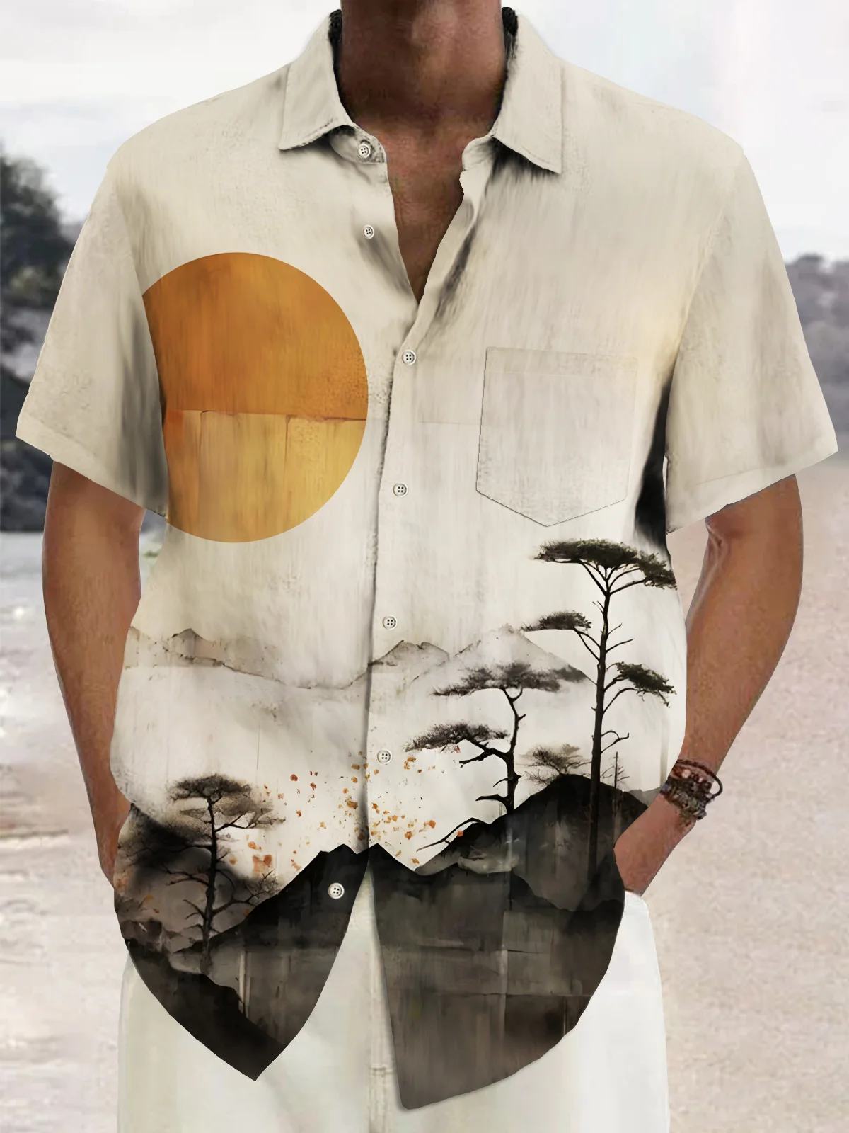 Royaura® Vintage Ink Sunset Art Print Men's Chest Pocket Stretch Hawaiian Shirt Big Tall