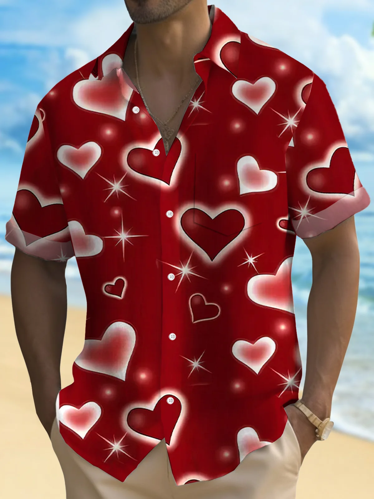 Royaura® Retro Valentine's Day Love 3D Digital Print Men's Button Pocket Short Sleeve Shirt Big & Tall