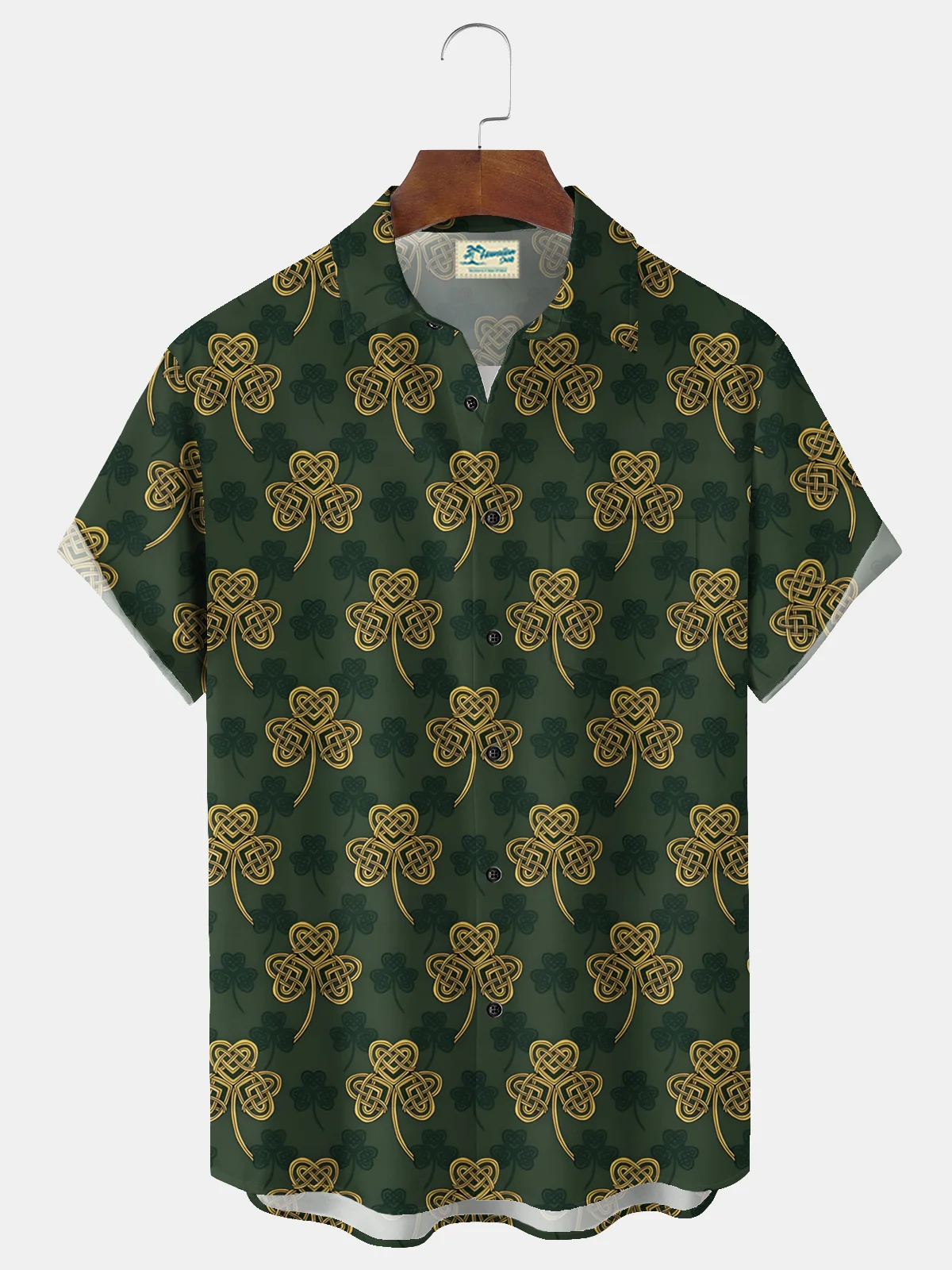 Royaura® St. Patrick's Day Irish Shamrock Lucky Print Men's Chest Pocket Stretch Hawaiian Shirt Big Tall