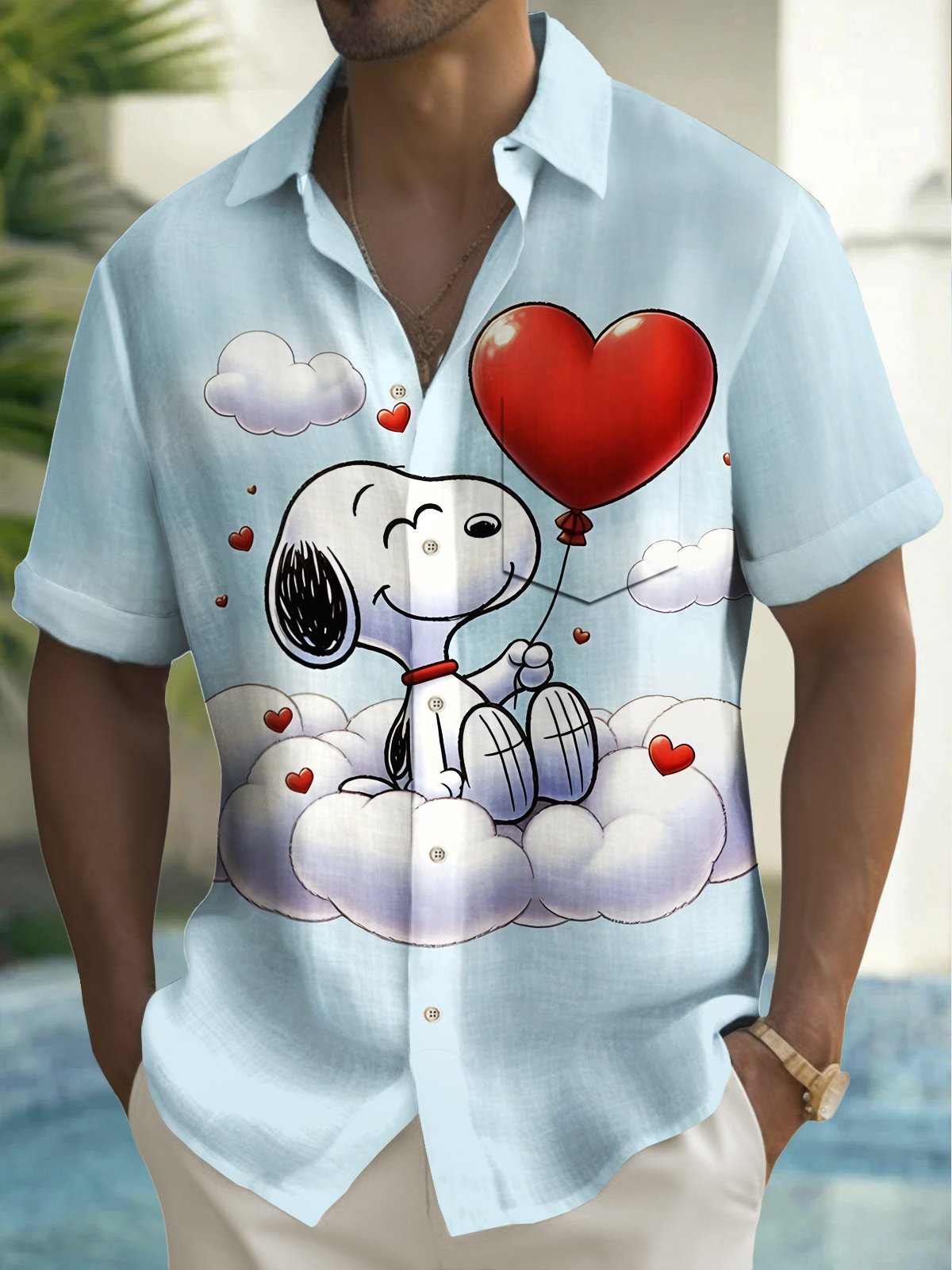 Royaura® Valentine's Day Cartoon Print Men's Chest Pocket Stretch Hawaiian Shirt Big Tall