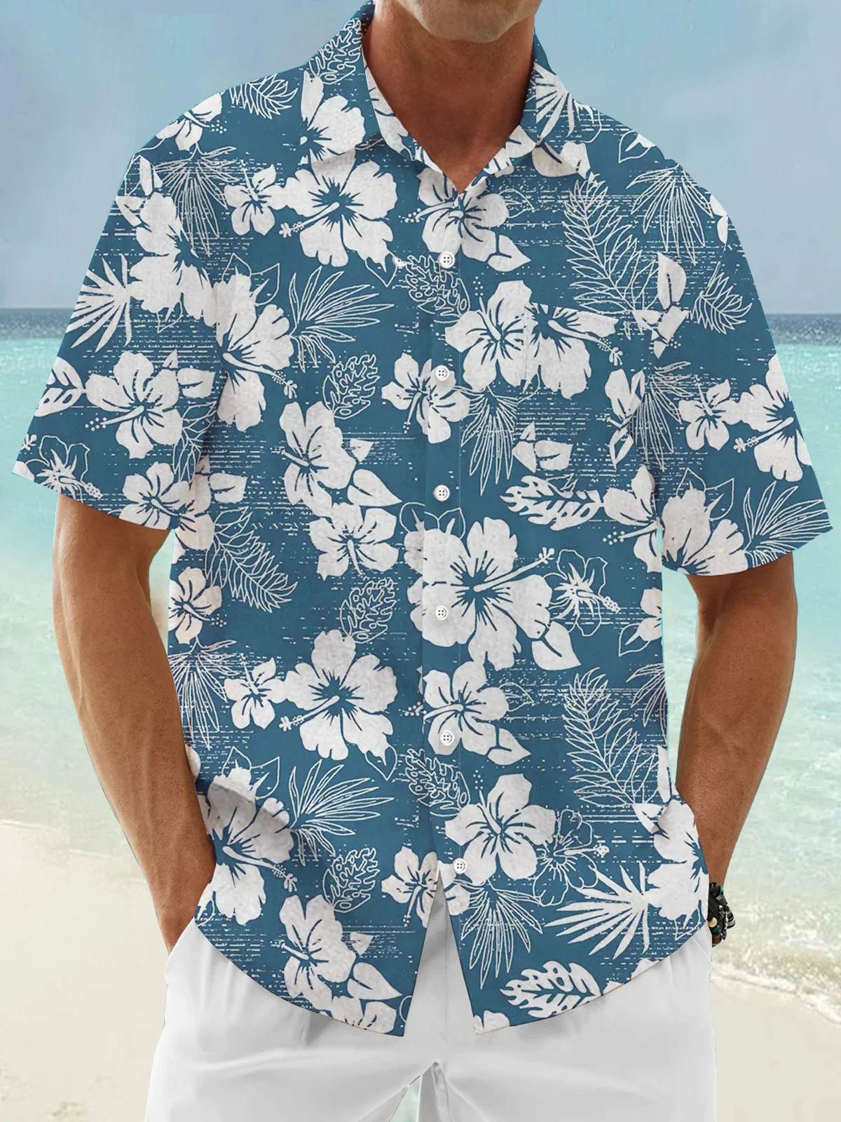 Royaura® Hawaiian Floral 3D Digital Print Men's Button Pocket Short Sleeve Shirt Big & Tall