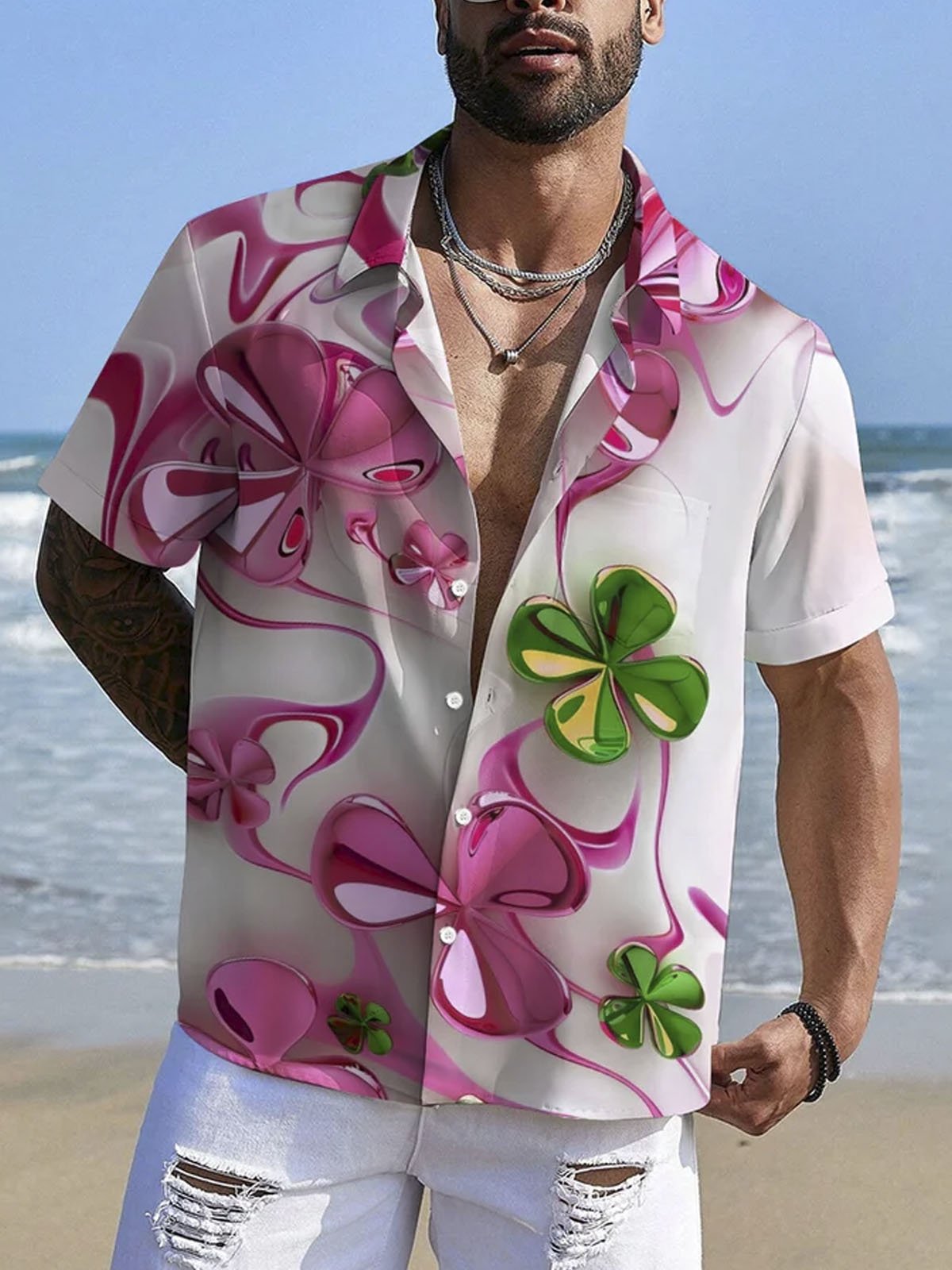 Royaura® St. Patrick Pink Shamrock Button Pocket Short Sleeve Shirt Big & Tall