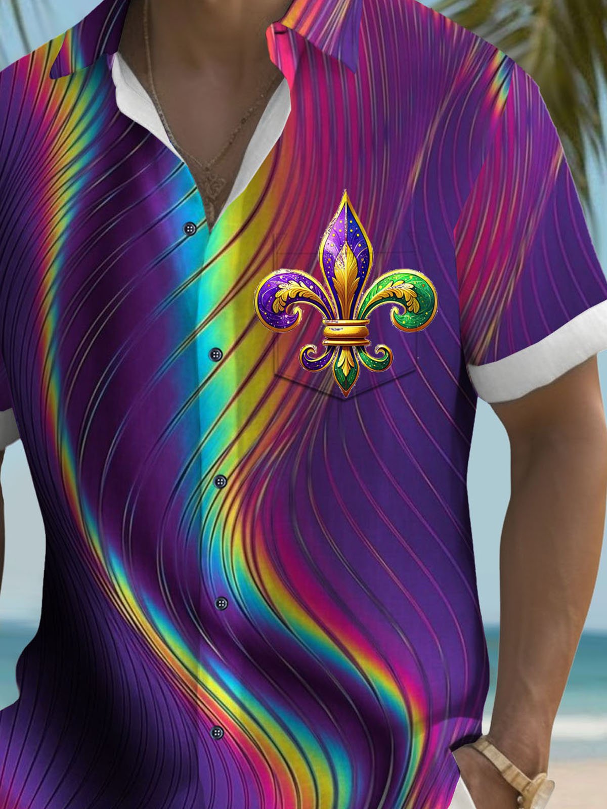 Royaura® Mardi Gras Fleur De Lis Button Pocket Short Sleeve Shirt Big & Tall