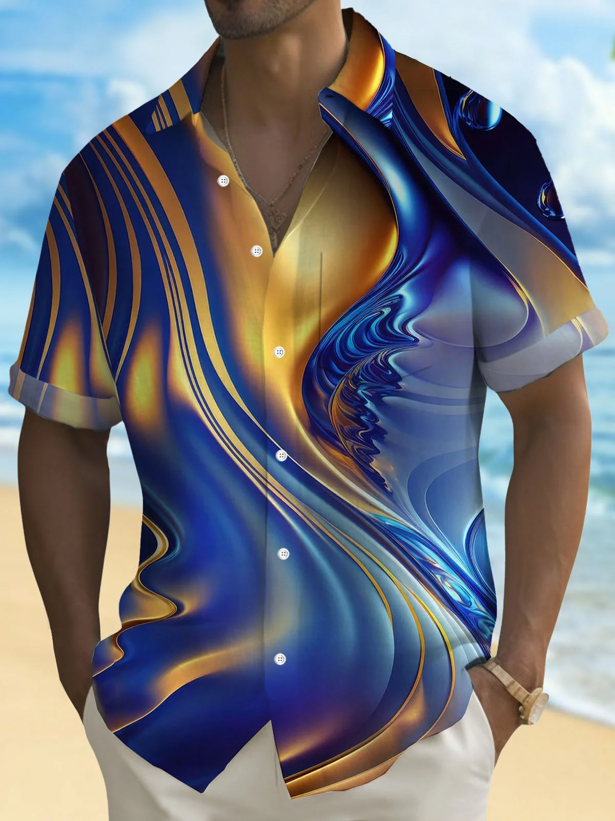 Royaura® Retro Gradient Art 3D Digital Printing Men's Button Pocket Short Sleeve Shirt Big & Tall