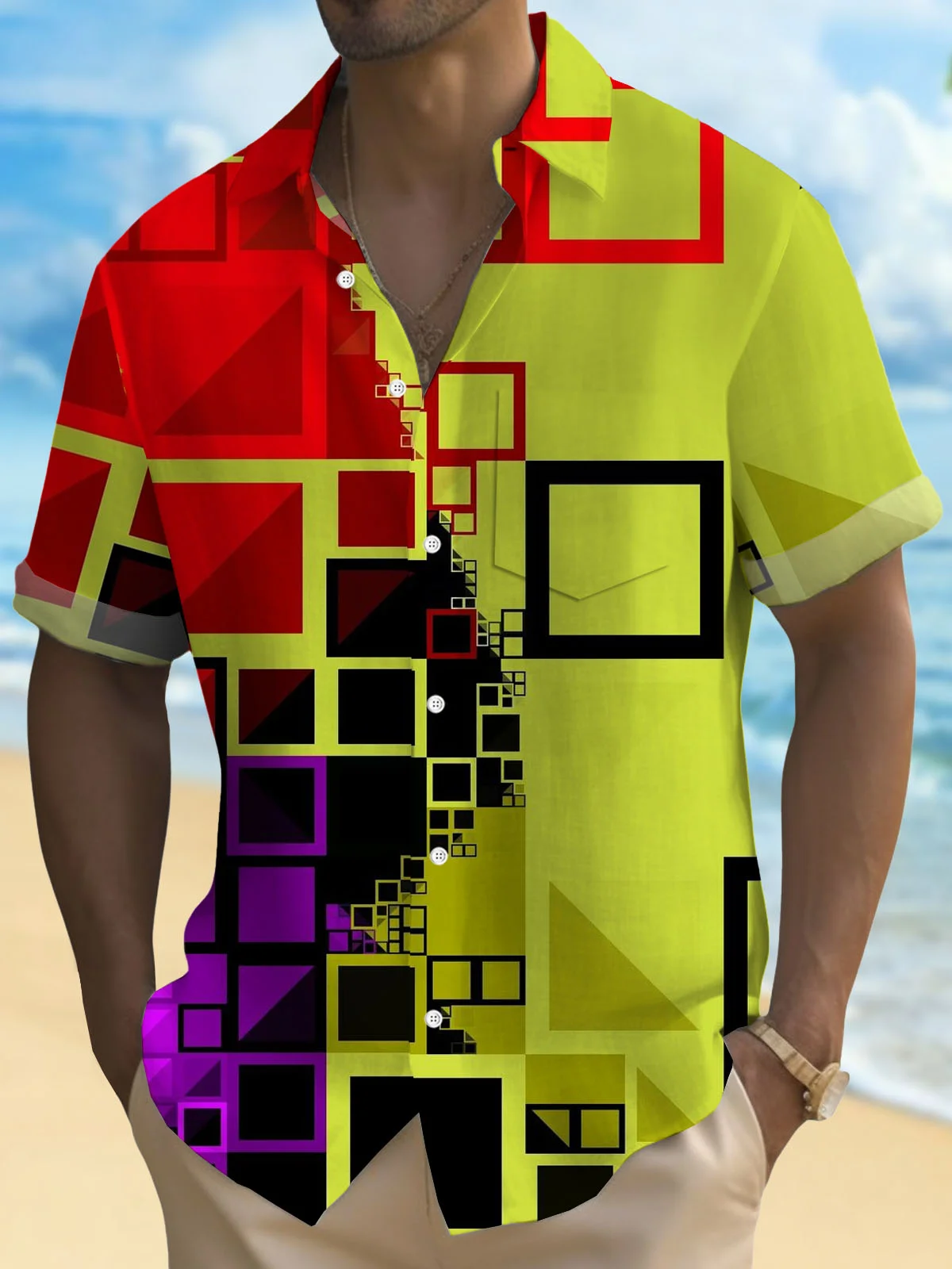 Royaura® Retro Geometric 3D Digital Printing Men's Button Pocket Short Sleeve Shirt Big & Tall