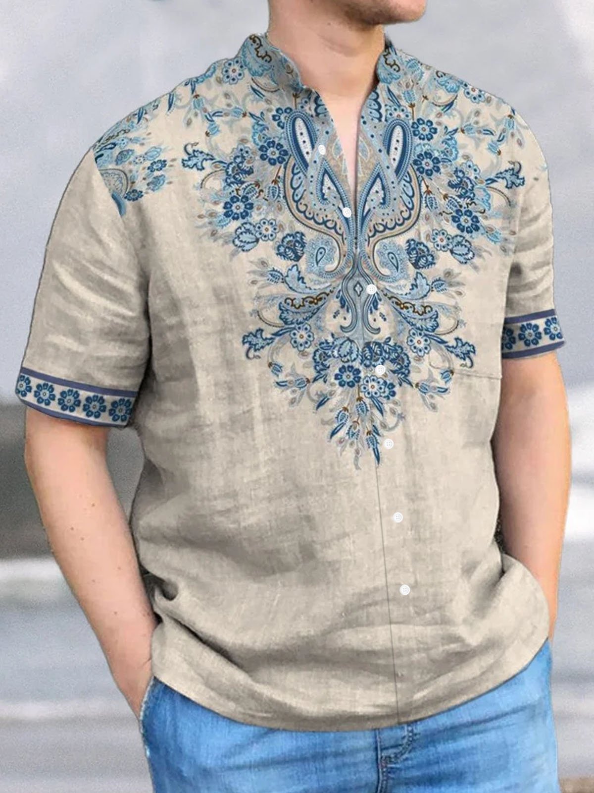 Royaura® Bamboo Linen Embroidery 3D Digital Printing Men's Button Short Sleeve Shirt Big & Tall