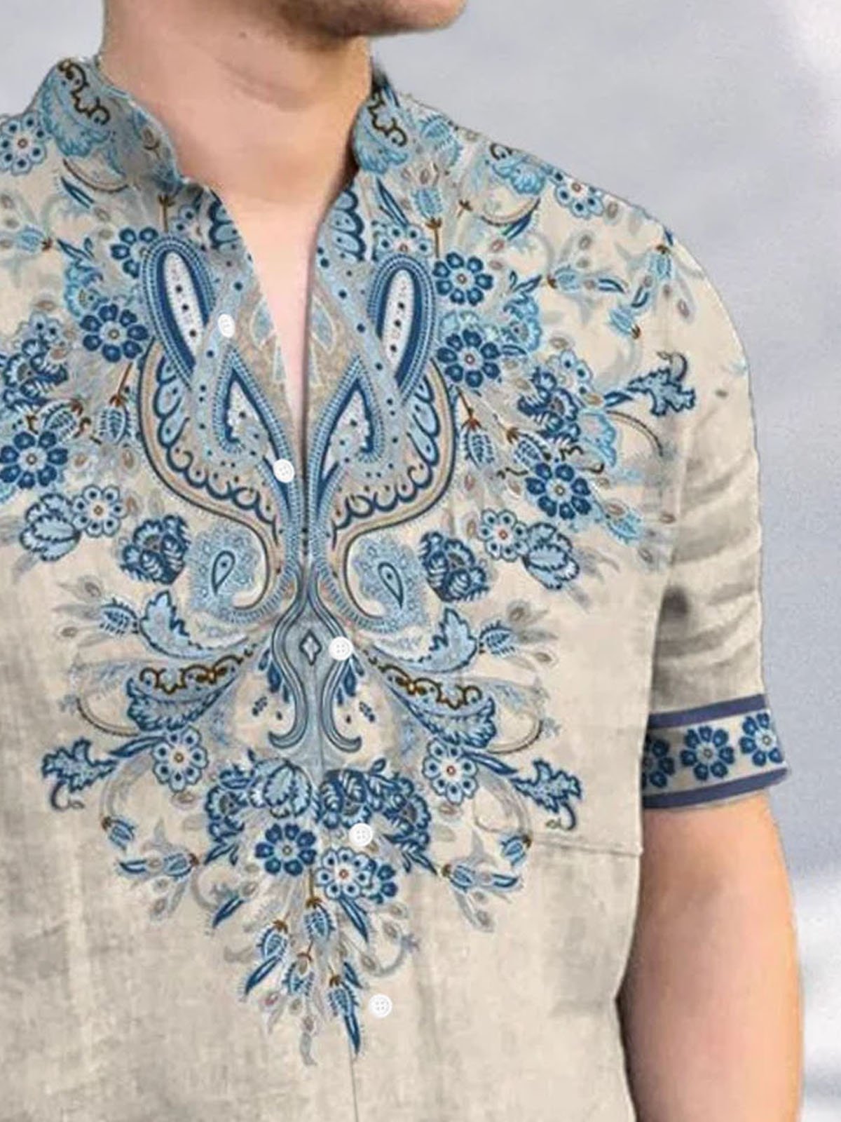 Royaura® Bamboo Linen Embroidery 3D Digital Printing Men's Button Short Sleeve Shirt Big & Tall