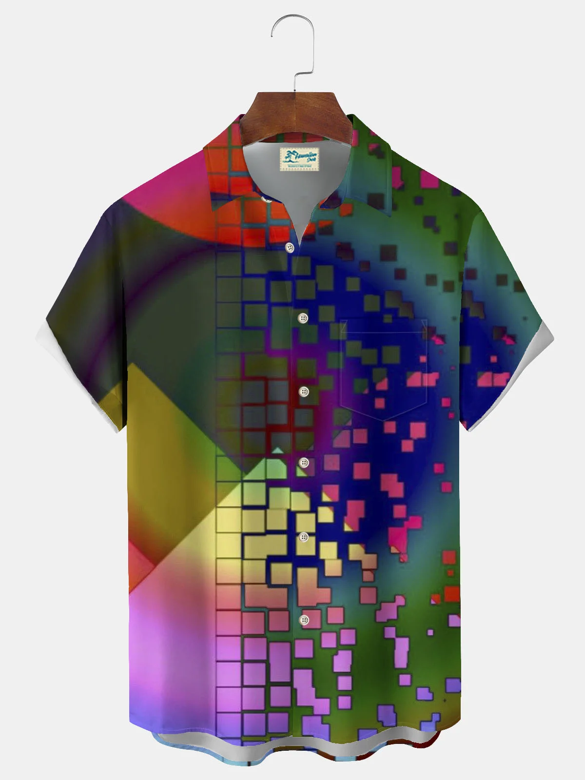 Royaura® Retro Gradient Geometric Button Pocket Short Sleeve Shirt Big & Tall