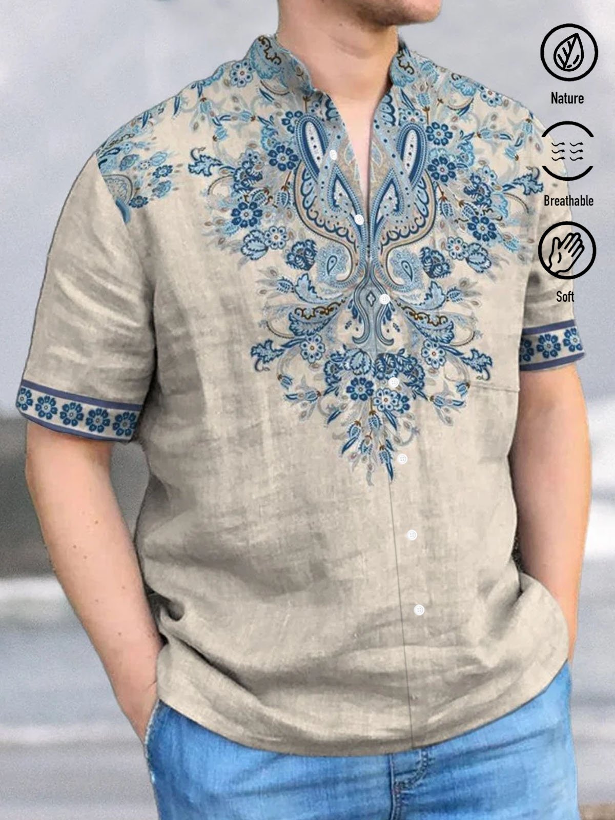 Royaura® Bamboo Linen Embroidery 3D Digital Printing Men's Button Short Sleeve Shirt Big & Tall